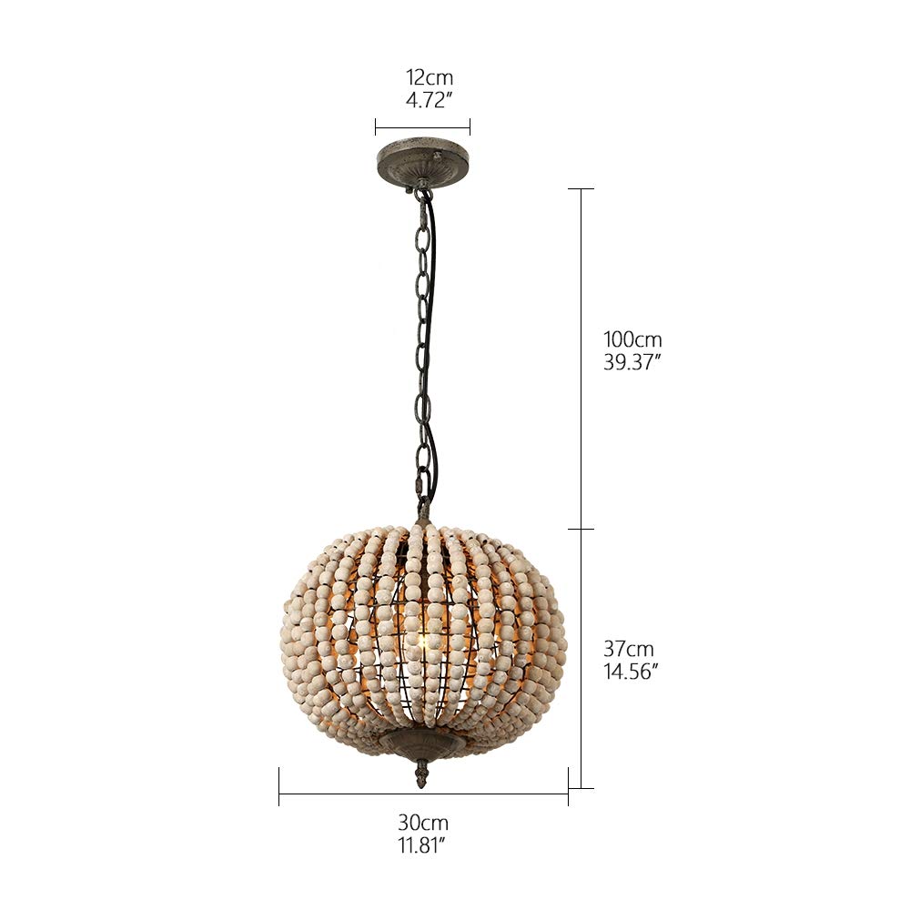 Bohemian Gray White Wood Bead Chandelier Pendant Light - Handcrafted Globe Ceiling Lamp for Bedroom, Dining Room & Living Room | Perfect for Beach House Decor, Farmhouse Style & Boho Home Lighting