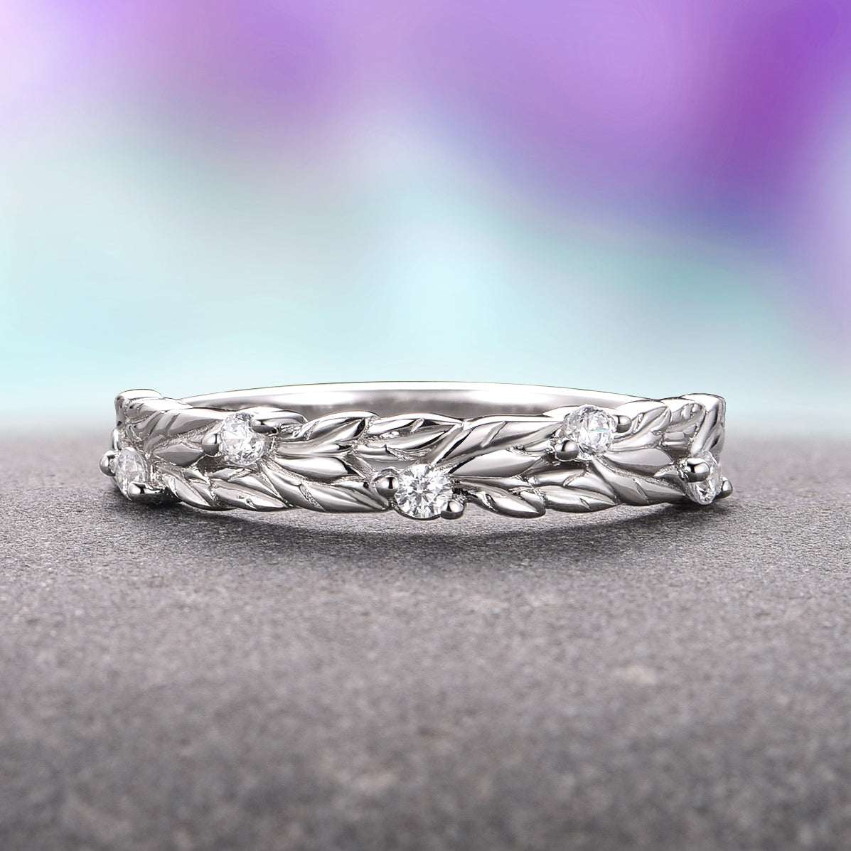 14K White Gold Moissanite or Natural Diamond Leaf Wedding Band – Elegant Bridal Ring for Engagement, Anniversary & Special Occasions