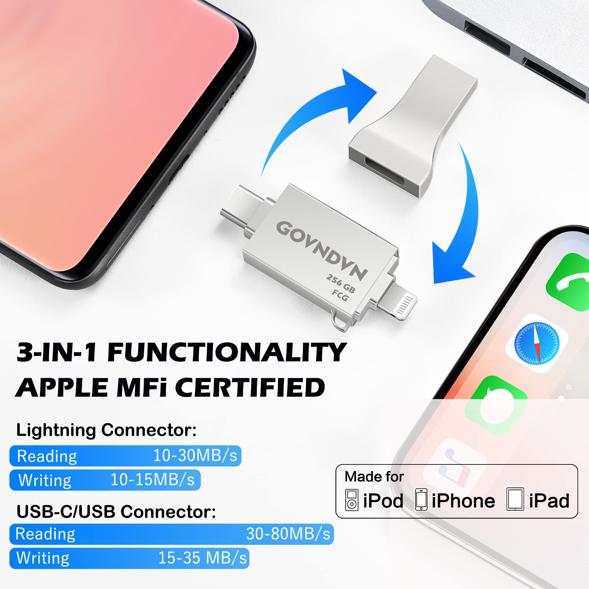 MFi Certified 256GB iPhone Photo Stick with USB-C - Portable Flash Drive for Photo Storage & Backup - Compatible with iPhone 15/14/13/12/11, iPad, Mac, PC & Android - Perfect for Travel, Work & Secure Data Transfer
