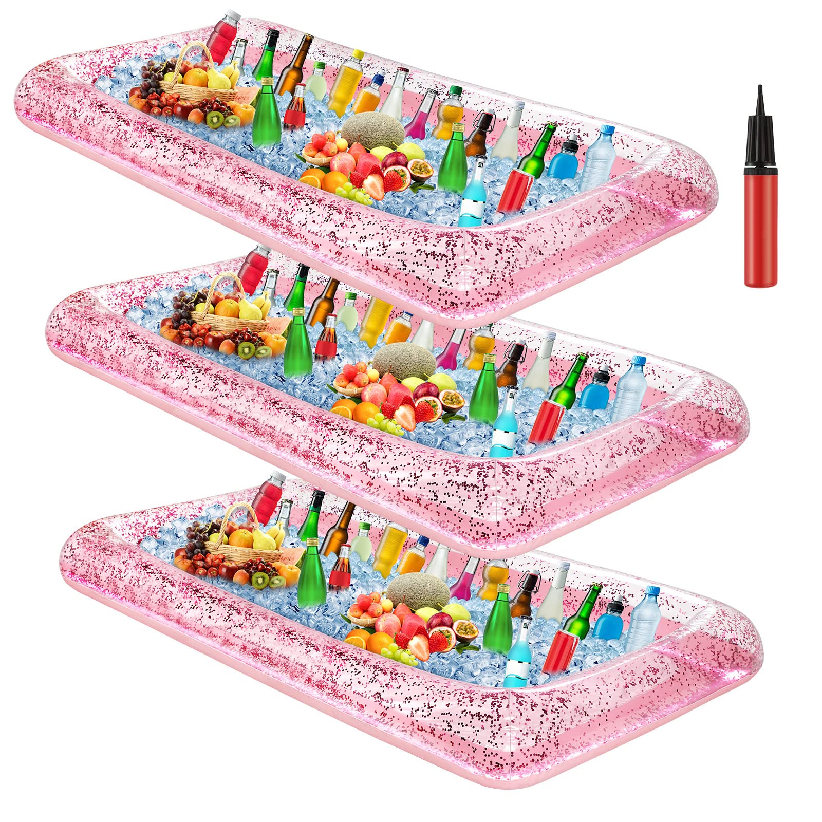 3-Piece Inflatable Serving Bar Tray - Salad, Ice, Food, Drink & Candy Buffet Container - Picnic, Pool Party & Outdoor Cooler with Drain Plug & Hand Pump - 53 x 23.6 x 4.7 Inches (Pink) - Perfect for Beach Gatherings, BBQs & Summer Entertaining