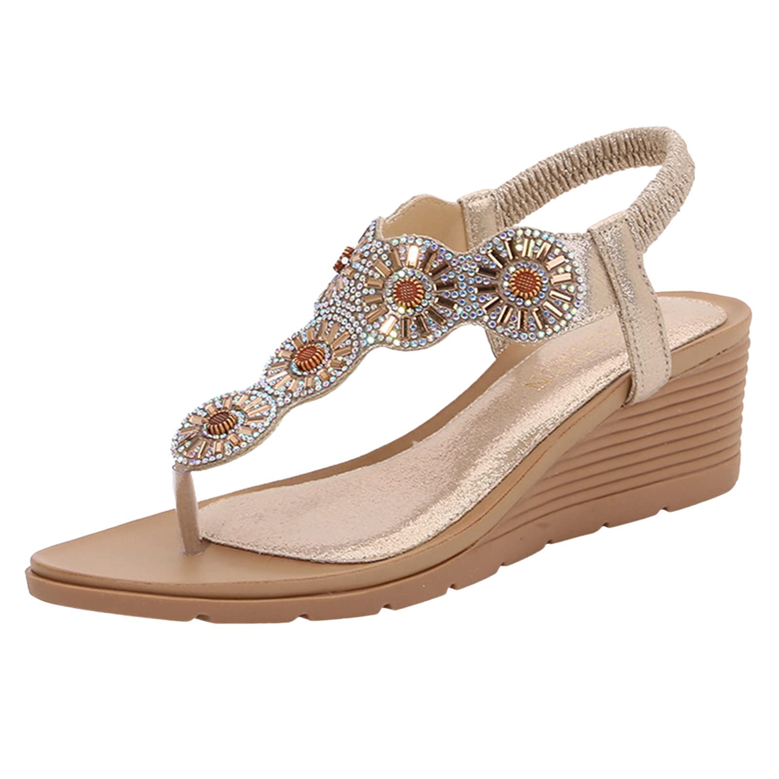 Women's Comfortable Bohemian Beach Sandals with Elastic Ankle Strap - Fashion Crystal Rhinestone Decor & Scallop Trim Thong Sandals - Blue Wedges for Girls (Gold, Size 8.5) | Perfect for Summer Vacations, Beach Parties & Casual Outings
