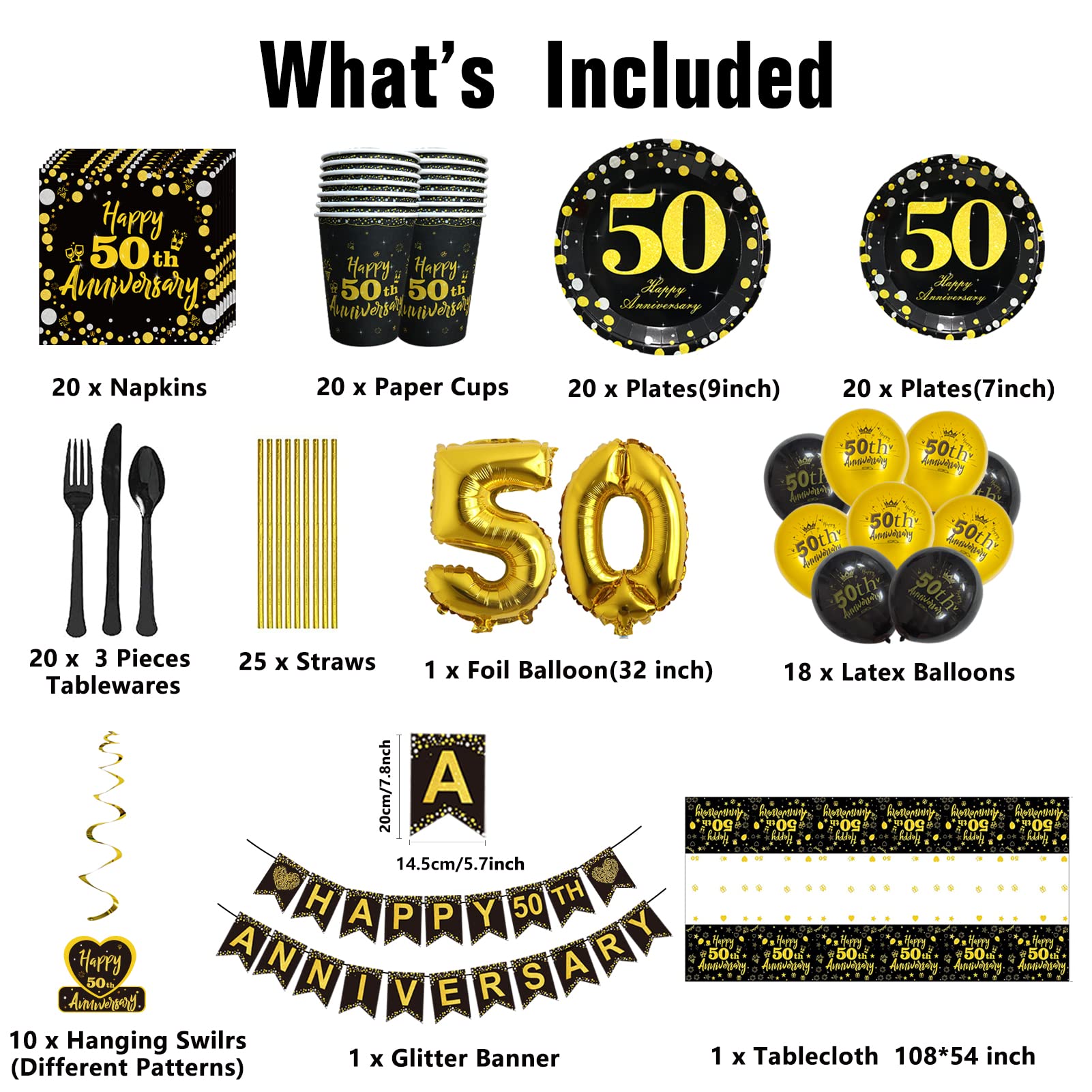DARUNAXY 50th Anniversary Party Supplies Set - Black Gold Theme Decorations for 20 Guests | Includes Number 50 Balloon, Table Cover, Disposable Cutlery (Forks, Knives, Spoons), Plates, Napkins, Cups, Foil Balloons & Hanging Swirls | Perfect for Birthday Celebrations, Retirement Parties, Milestone Events