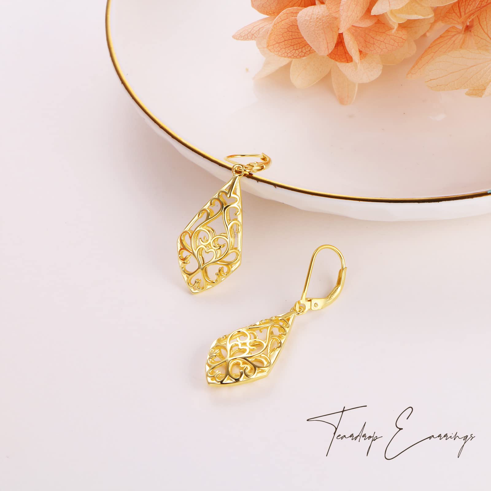 Teardrop Filigree Dangle Drop Leverback Earrings - Sterling Silver Jewelry for Women | Elegant Gift for Weddings, Parties & Special Occasions