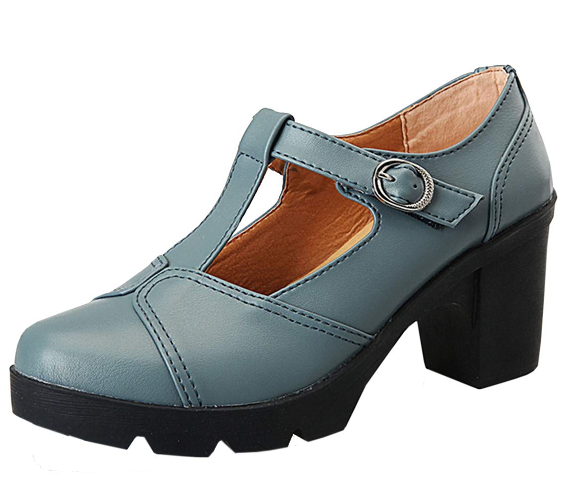 DADAWEN Women's Classic T-Strap Platform Oxford Shoes - Mid Heel Square Toe Dress Pumps for Work, Office, Wedding & Vintage Outfits