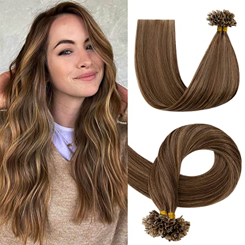 S-noilite U Tip Human Hair Extensions 22 Inch 100g - Keratin Bond Hair Extensions Medium Brown & Dark Blonde Balayage - 200 Strands Pre-Bonded U-Tip Remy Hair Extensions for Daily Wear, Parties & Special Occasions