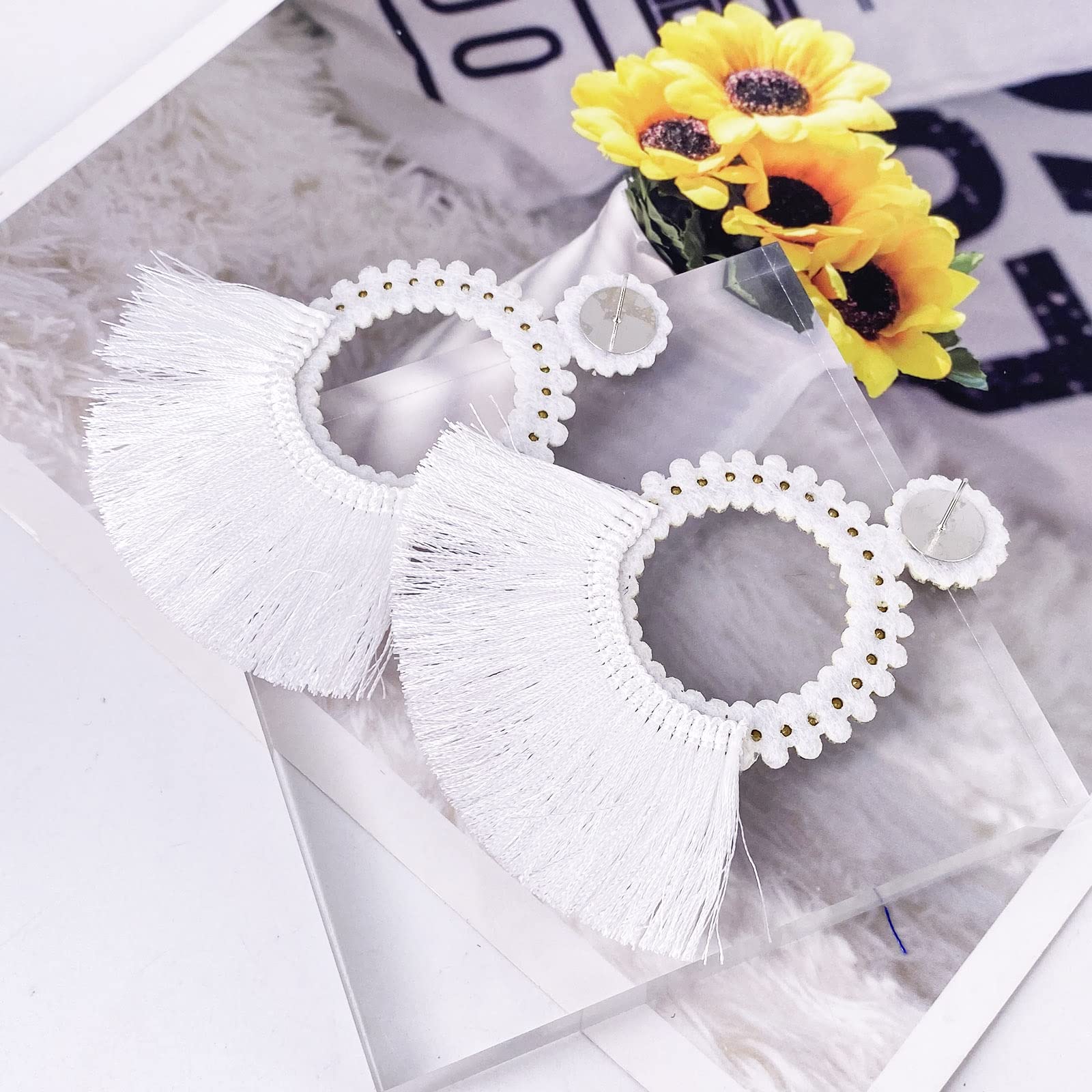 Boho Crystal Tassel Earrings for Women - Sparkly Scalloped Cotton Thread Dangle Earrings 3.34