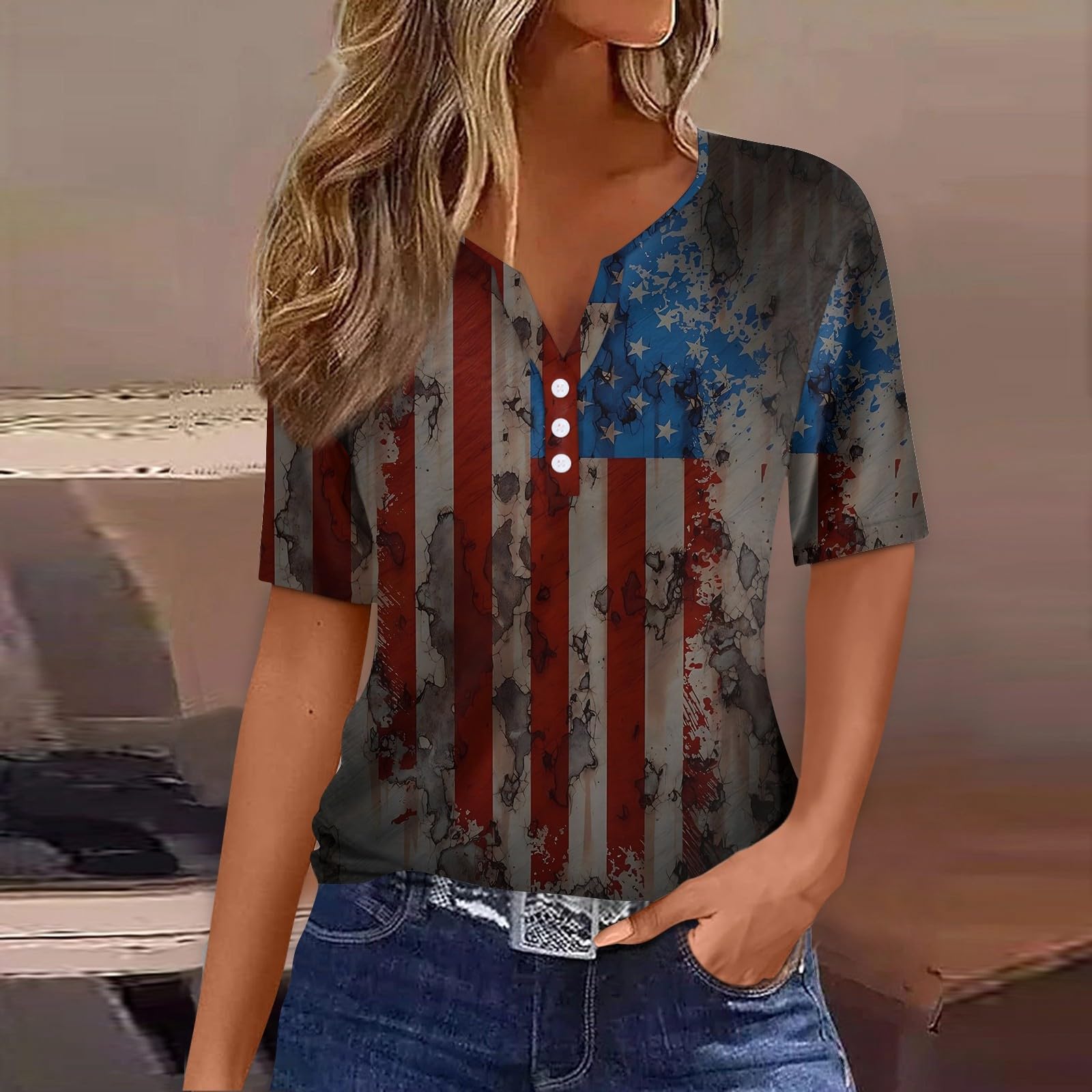 Women's Short Sleeve Henley Shirts - V-Neck Button Up Tops for Summer | Casual & Dressy Tie Dye Printed Blouses | Perfect for Holiday, Daily Wear & Outdoor Activities
