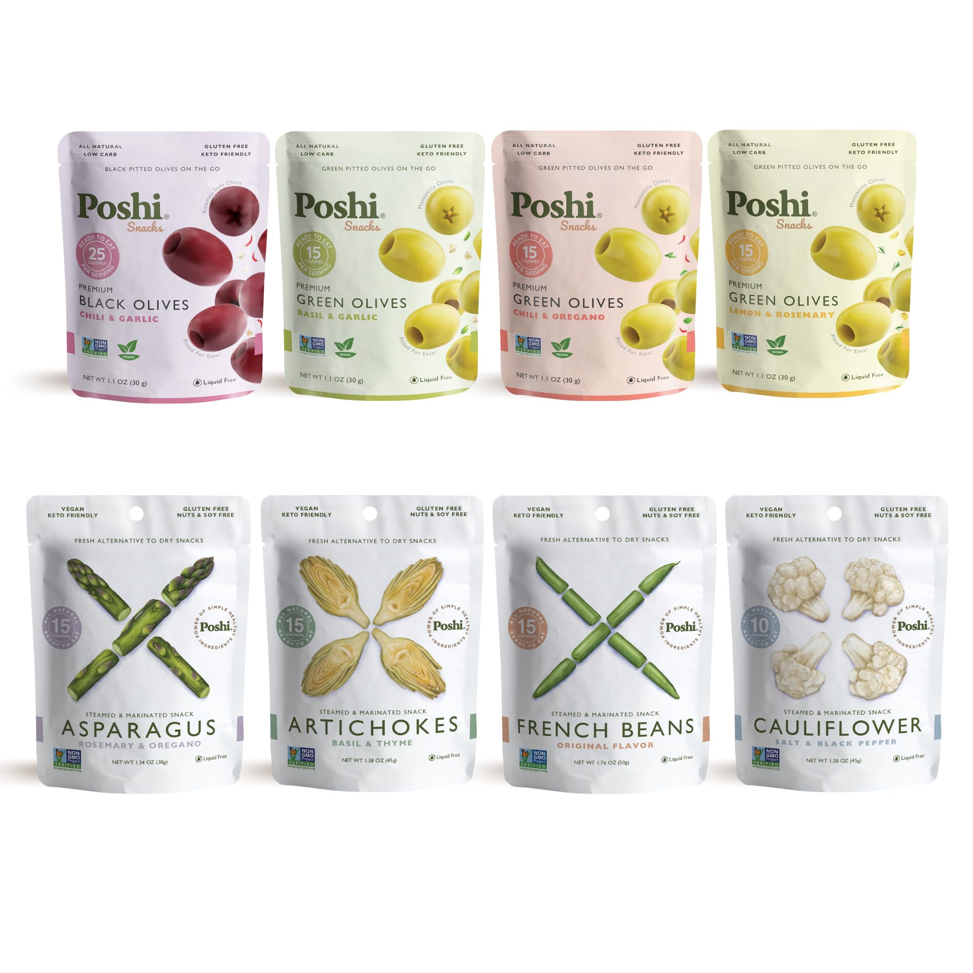 Poshi Olives + Veggies | Whole Pitted Olives 4 Flavor Variety Pack | Vegan, Kosher, Gluten Free & Keto Friendly Healthy Snacks (24 Pack) | Perfect for Lunch Boxes, Picnics & On-the-Go Snacking