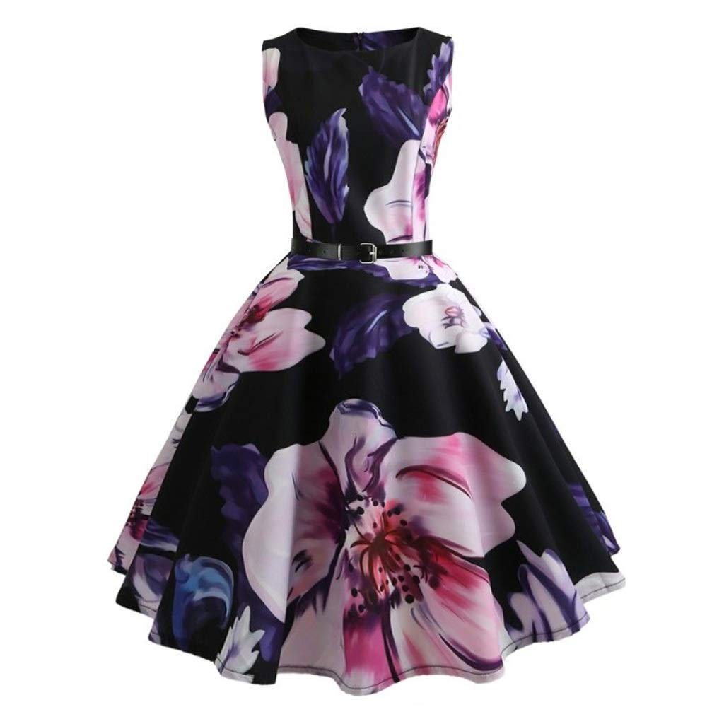 Floral Print Women's Summer Dress - Sleeveless A-Line Dress with Belt for Casual Wear, Beach, Party & Banquet | Medium Size | Color A