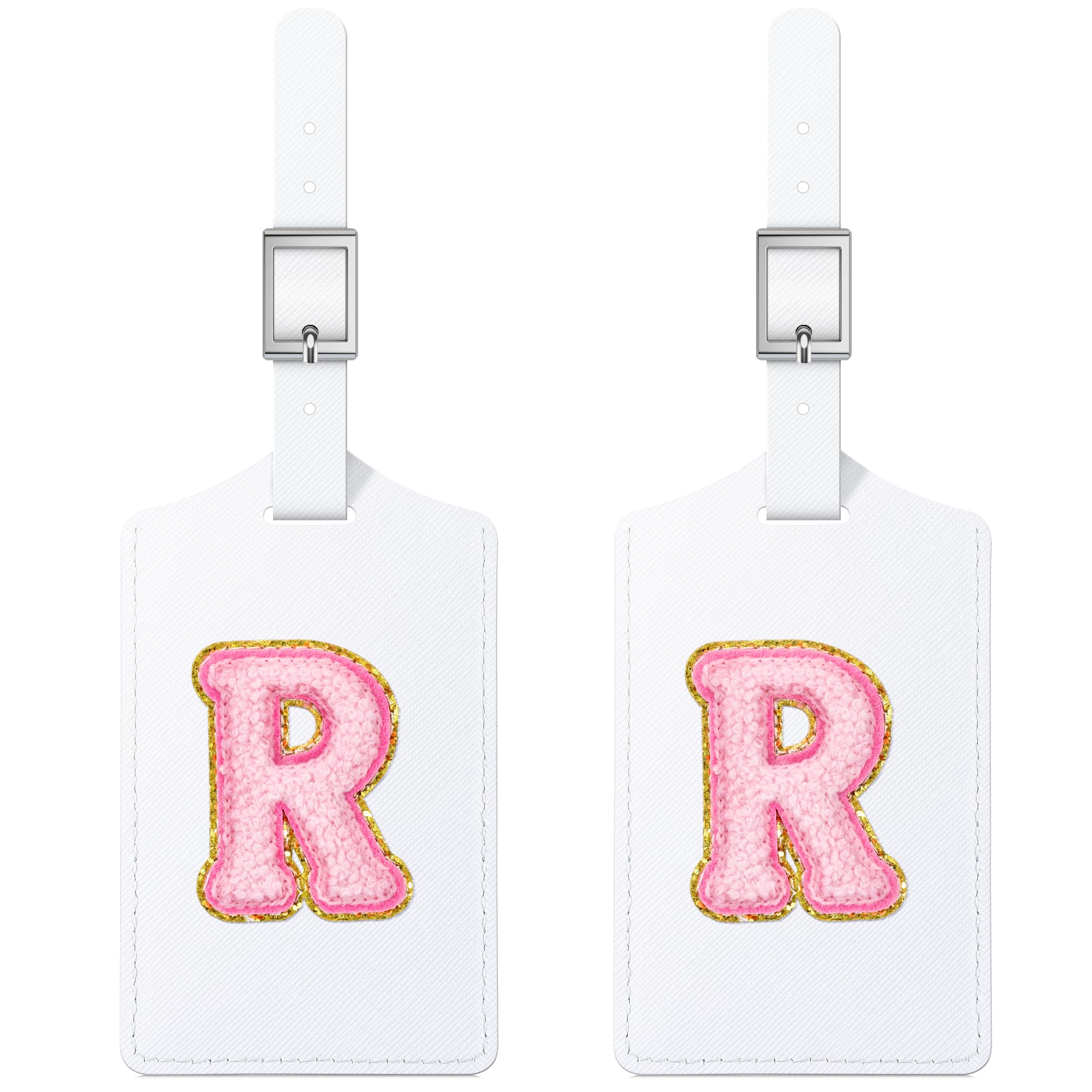Personalized Initial Luggage Tags - 2 PCS Embroidered PU Leather Suitcase ID Tags with Privacy Cover for Travel (R, White Leather & Pink Letter) - Perfect for Women, Kids, Teens & Men - Ideal for Airports, Cruise Trips & Vacation Packing