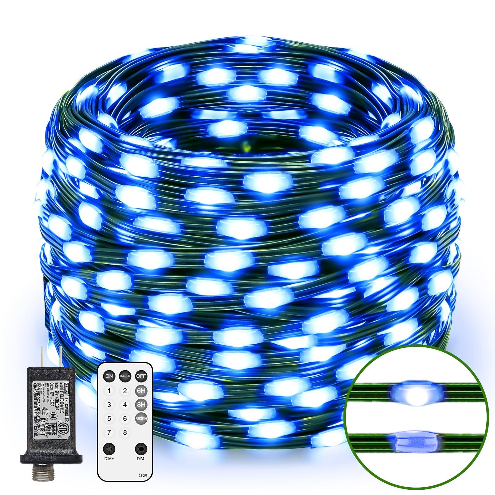 180 LED Blue Christmas Lights Outdoor Waterproof - Remote Control & Timer, 8 Lighting Modes, Green Wire Plug - Fairy String Lights for Christmas Tree, Garden, Patio, Yard Decorations - Perfect for Holiday Parties, Winter Weddings & Cozy Home Ambience
