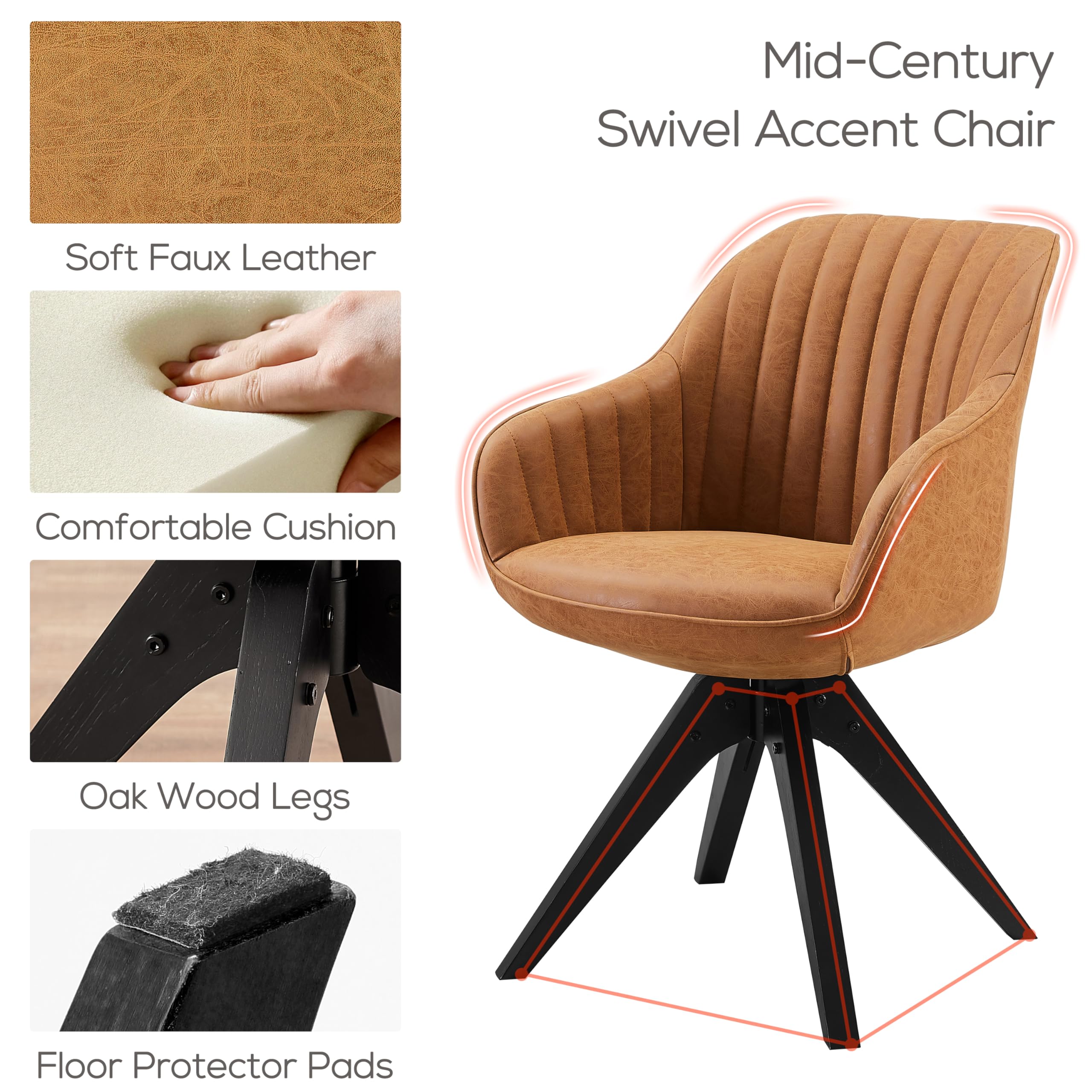 Art Leon Mid Century Modern Dining Chair - Faux Leather Upholstered Swivel Chair with Wooden Legs, Armchair for Dining Room & Living Room - Perfect for Home Decor, Entertaining Guests & Relaxing