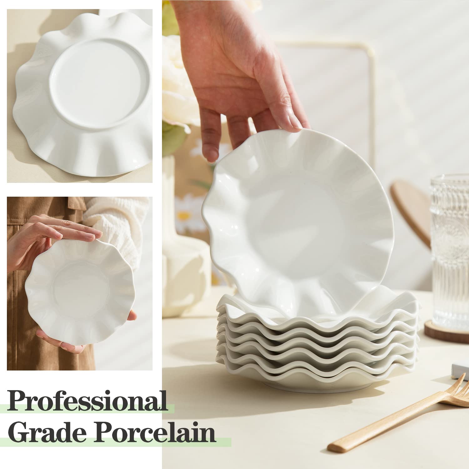 6 Inch Porcelain Appetizer Plates Set of 18 - Small Dinner Plates & Dessert Salad Dishes with White Wave Rim - Microwave, Oven & Dishwasher Safe - Perfect for Cake, Snack, Ice Cream, Waffles, Parties & Home Entertaining
