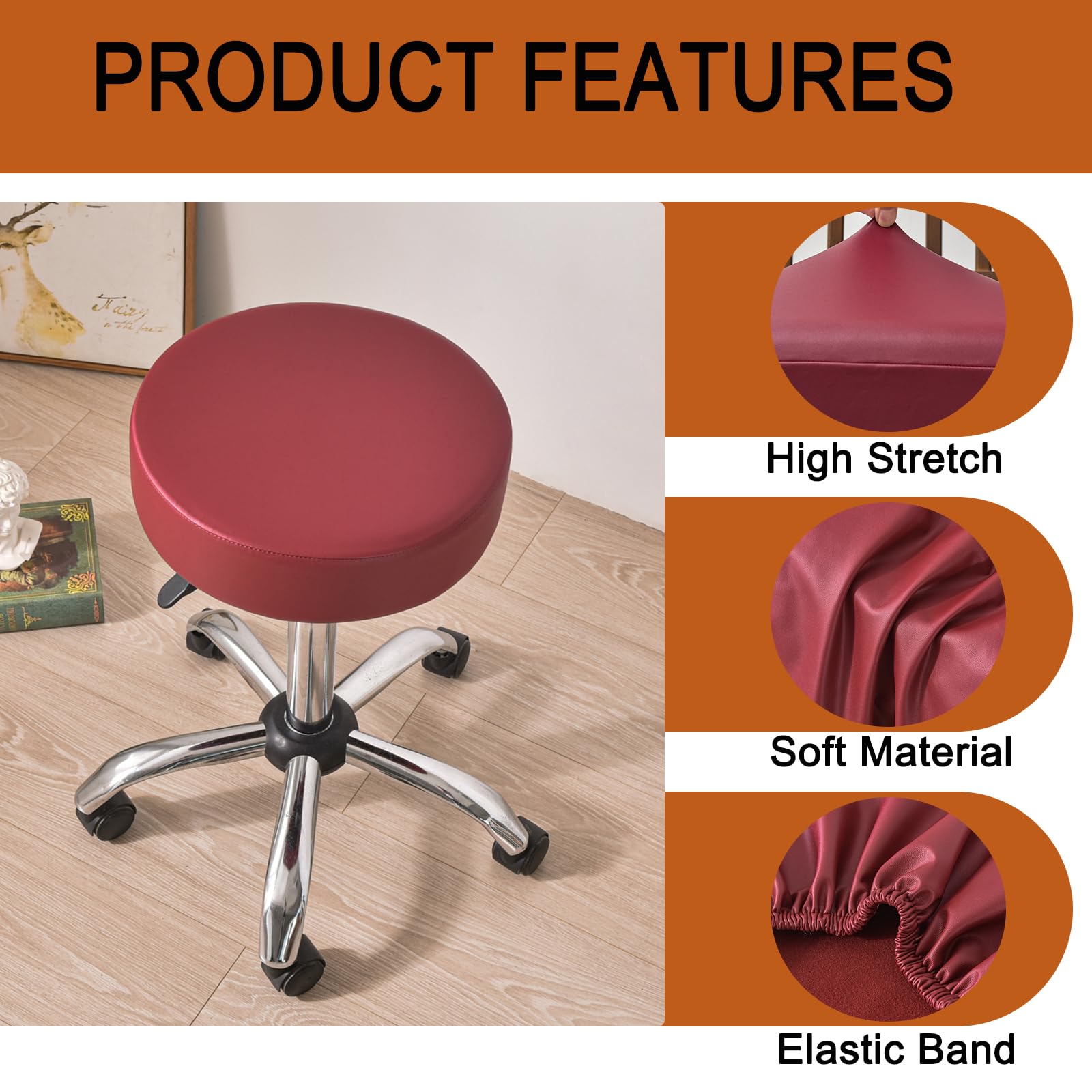 HAOYONG Waterproof PU Leather Bar Stool Covers Set of 2 - Stretch Round Seat Cushion Slipcovers with Non-Slip Bottom for Kitchen, Dining Room & Bar Counter (Red) - Perfect for Home Decor & Restaurant Use