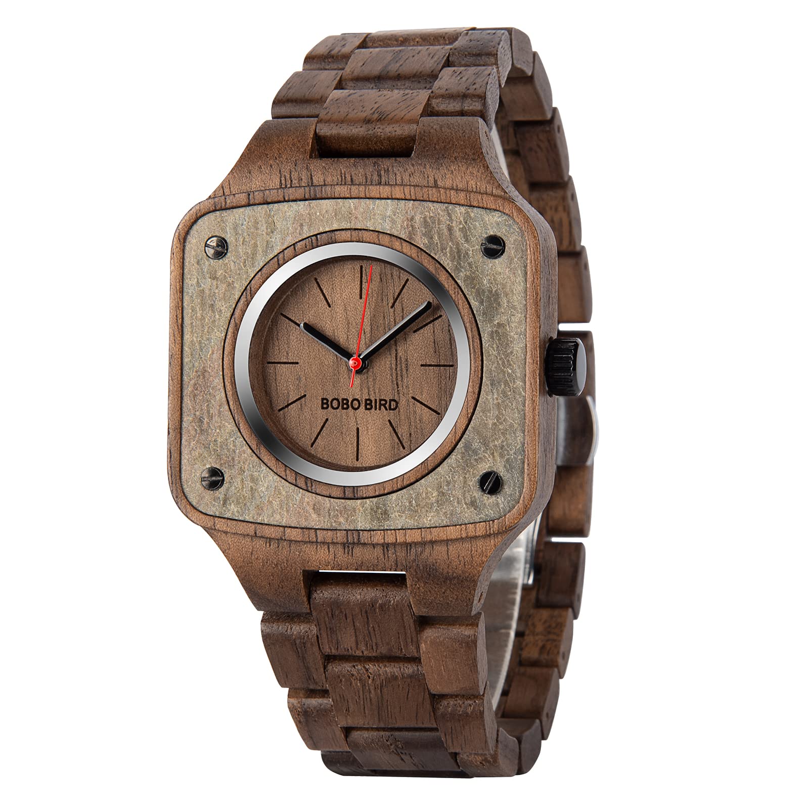 BOBOBIRD Handmade Walnut Wood Analog Quartz Watch for Men - Vintage Wood & Rocks Design with Red Second Hand - Perfect for Outdoor Adventures, Casual Wear & Unique Gifts