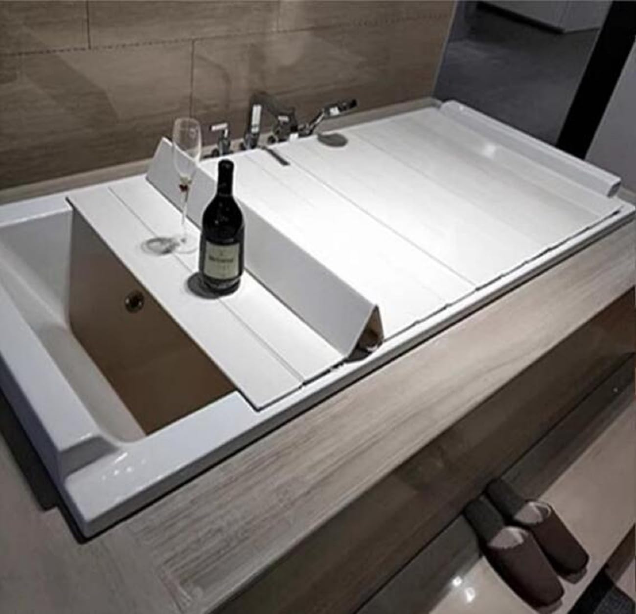 Foldable Bathtub Cover - 1.2cm Thick White Wood Grain PVC Bathtub Tray | Insulated Bath Lid & Folding Dust Board | Storage for Wine Glasses, Books, Tablets & Phones | Perfect for Bathroom Relaxation, Reading & Organizing Essentials