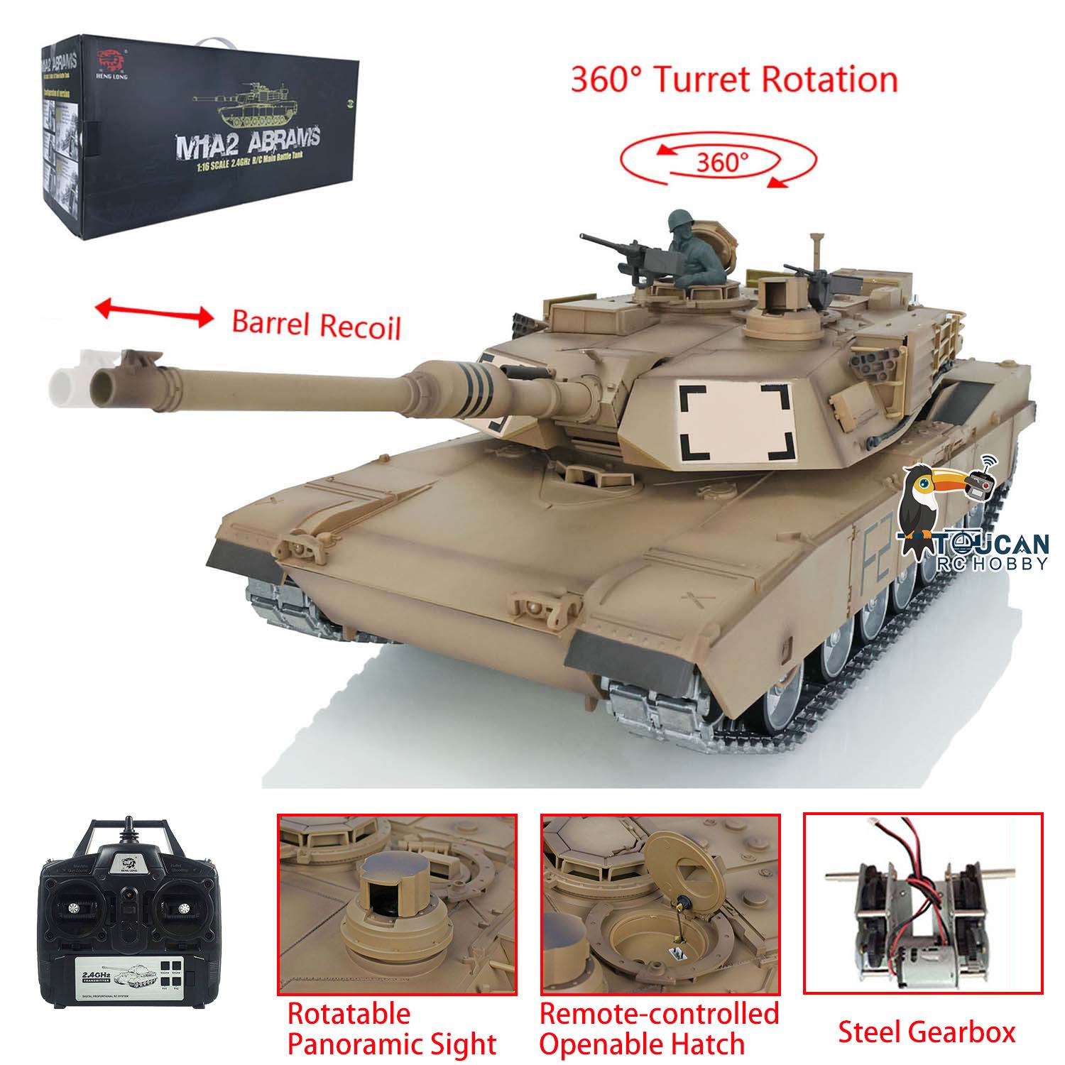 1/16 Henglong RC Tank Abrams with Openable Hatch, BB Shooting & Infrared Combat - Remote Control Tracked Vehicle for Outdoor Play and Military Simulation