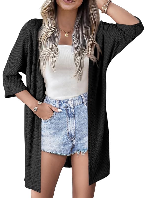 SHEWIN Women's Casual 3/4 Sleeve Open Front Waffle Knit Lightweight Cardigan Sweater - Perfect for Spring & Fall Layering, Office Wear, and Weekend Outfits