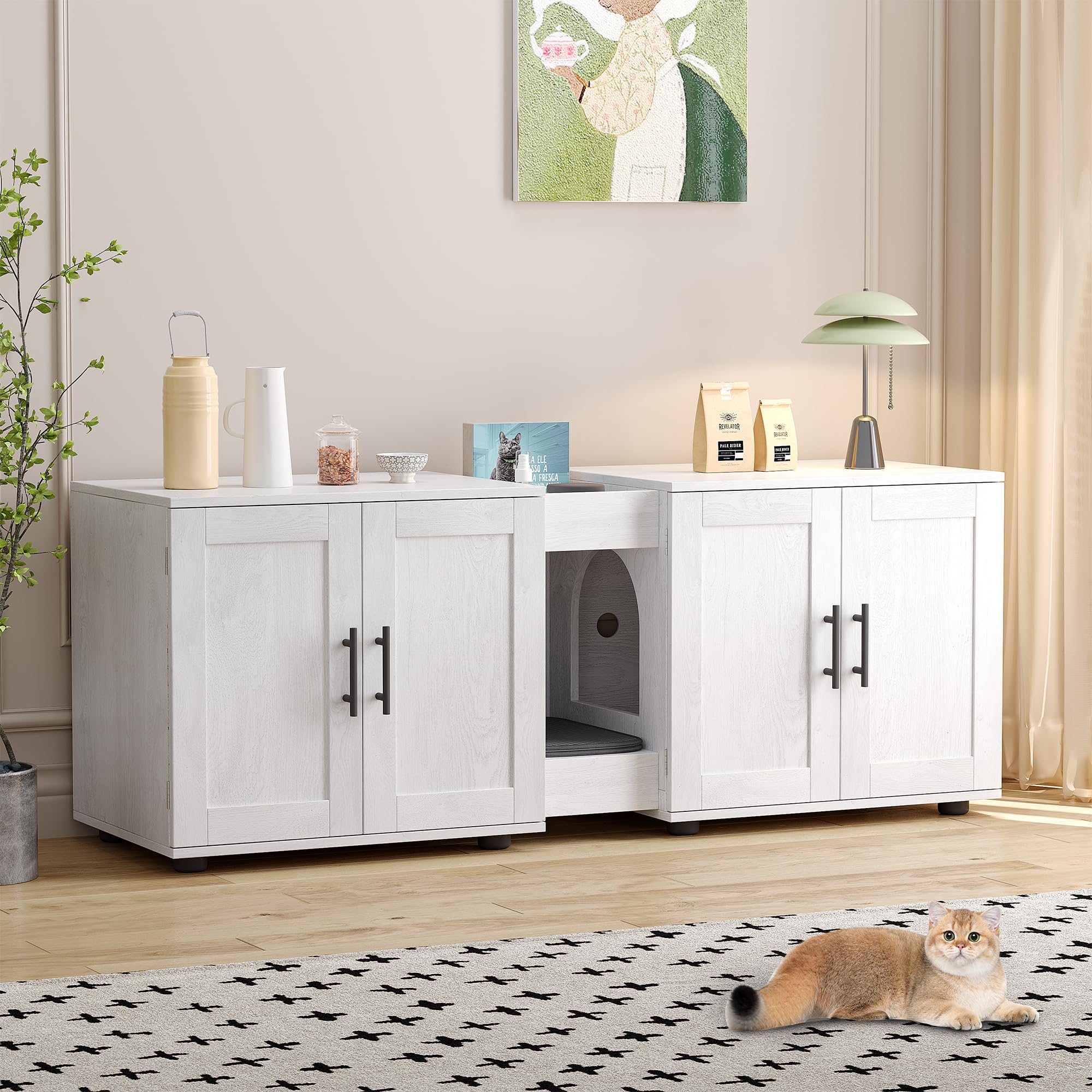 Gaomon Wooden Cat Litter Box Enclosure Furniture - Double Cage Hidden Litter Box House for 2 Cats, 55