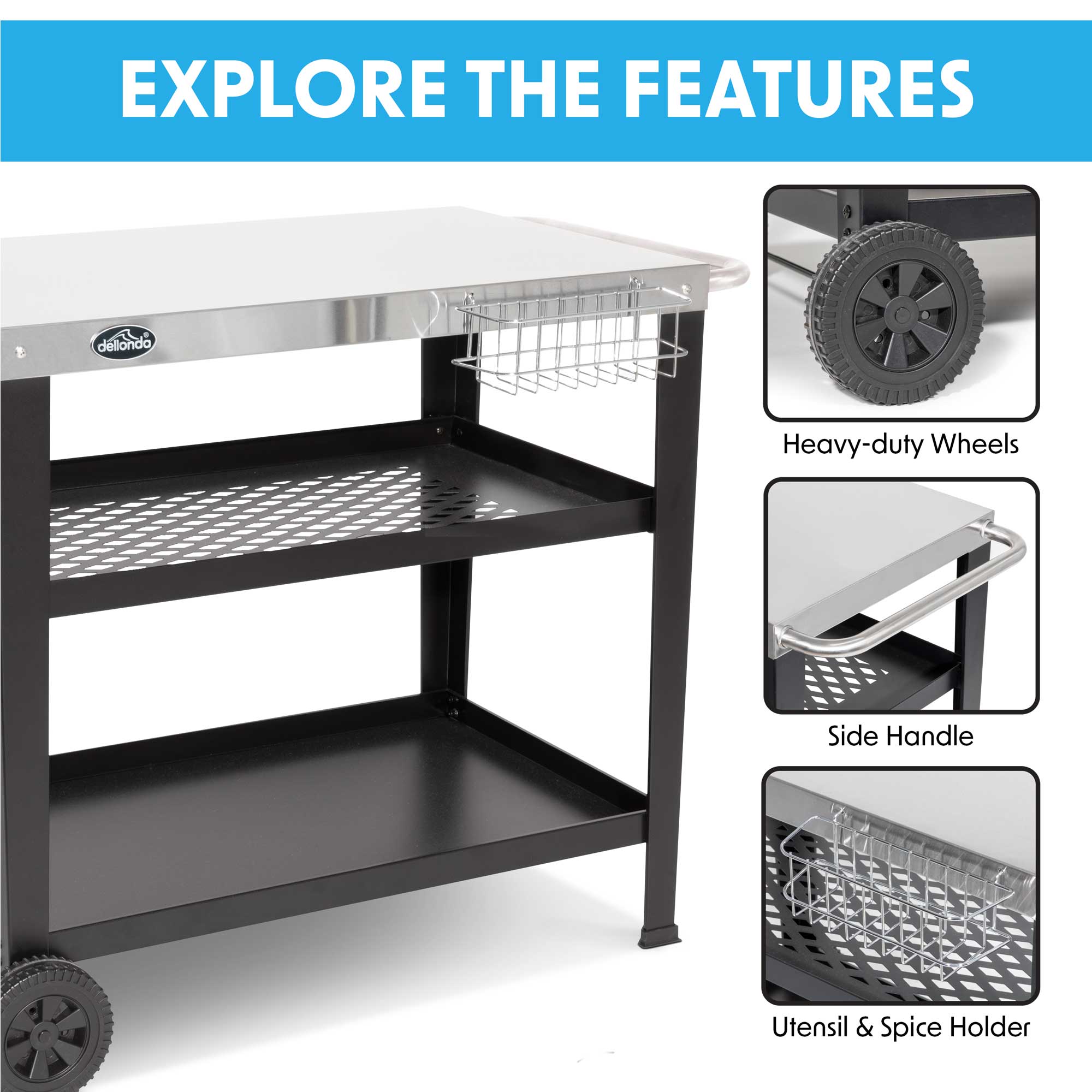 Stainless Steel BBQ Grill Cart with Utensil Holder - Portable Outdoor Cooking Trolley for Backyard, Camping & Picnic Barbecues