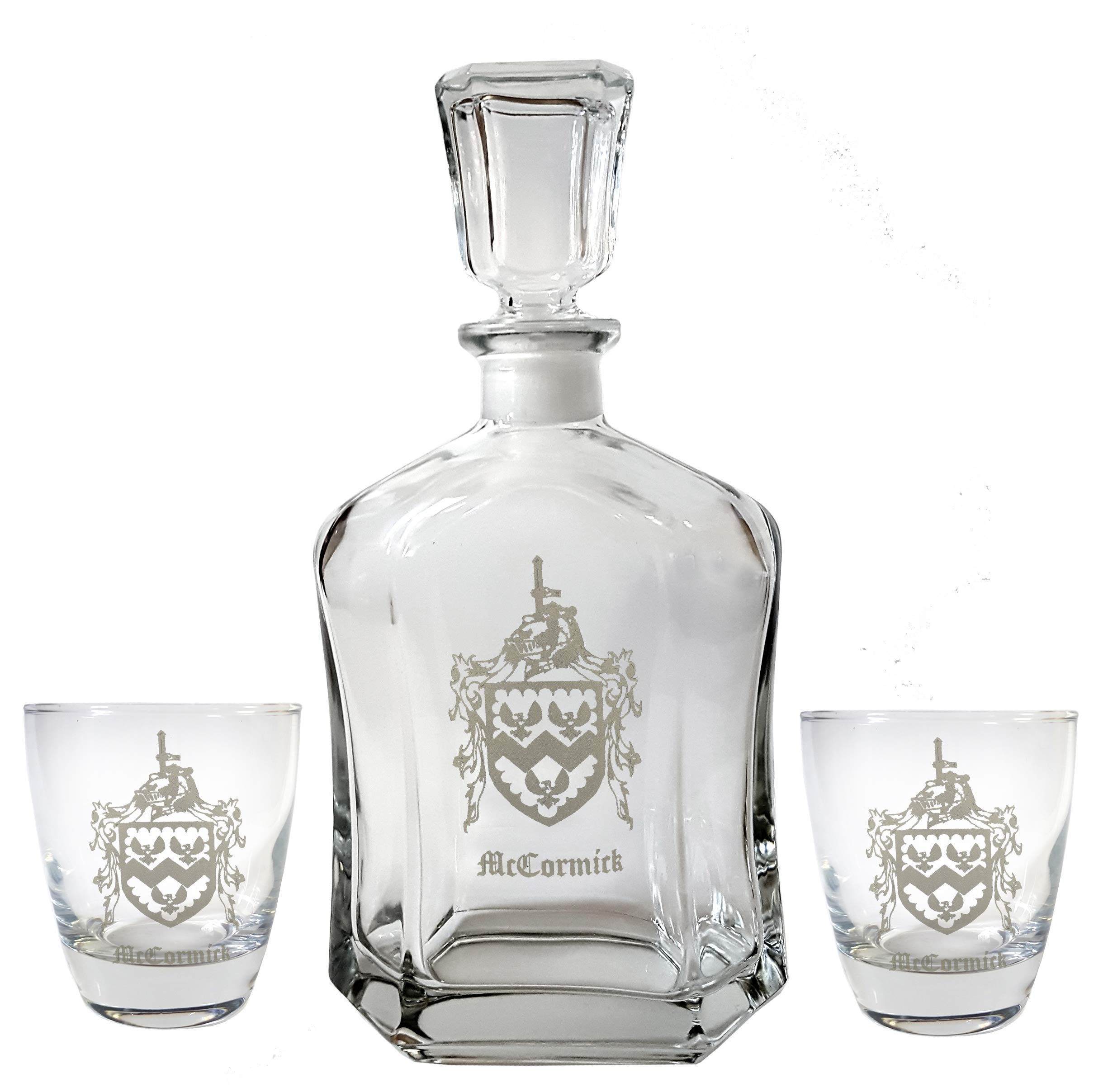 Personalized Family Crest Whiskey Decanter Set with Engraved Coat of Arms - Premium Glass Decanter and Rocks Glasses Gift for Men - Perfect for Home Bars, Weddings, and Anniversary Gifts