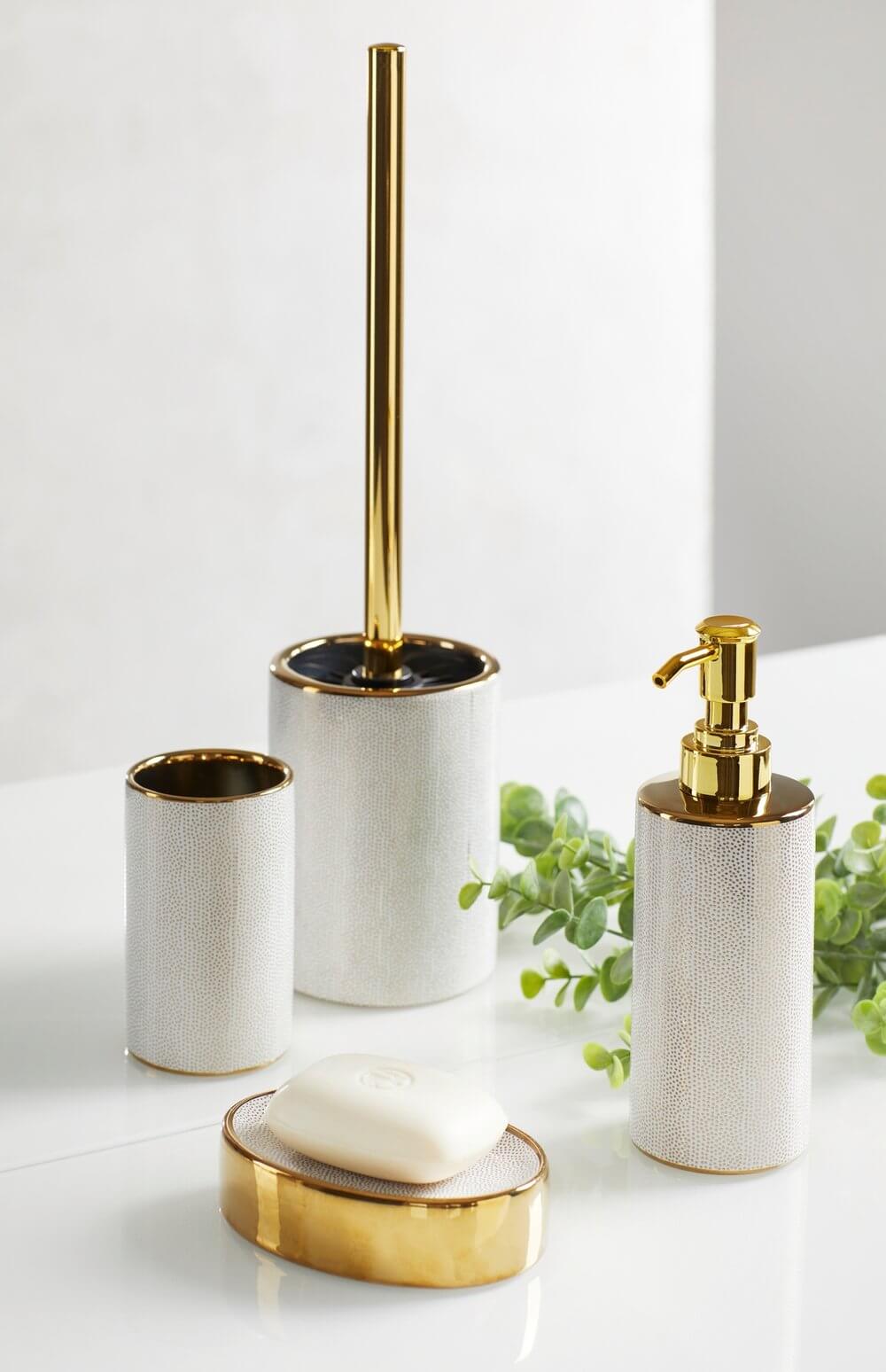 Nuria White and Gold Ceramic Soap Dish - Elegant Bathroom Organizer for Sink Countertop, Shower, and Vanity Decor