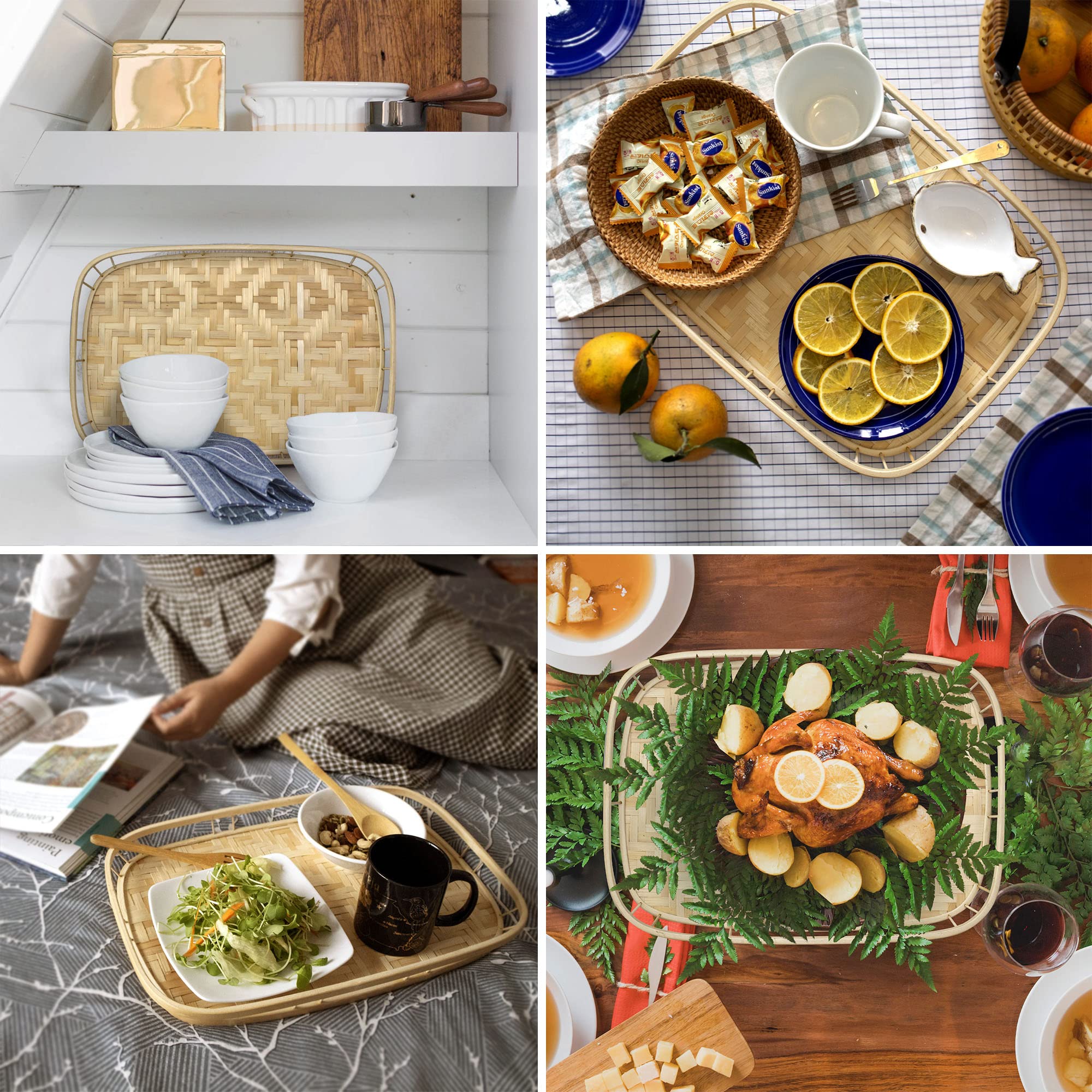 Premium Set of 4 Bamboo Wicker Serving Trays - Natural Rectangular Breakfast Trays with Handles for Food & Drinks | Wooden Decorative Platters for Coffee Table, Bed Eating | Perfect for Brunch, Picnics, and Home Decor