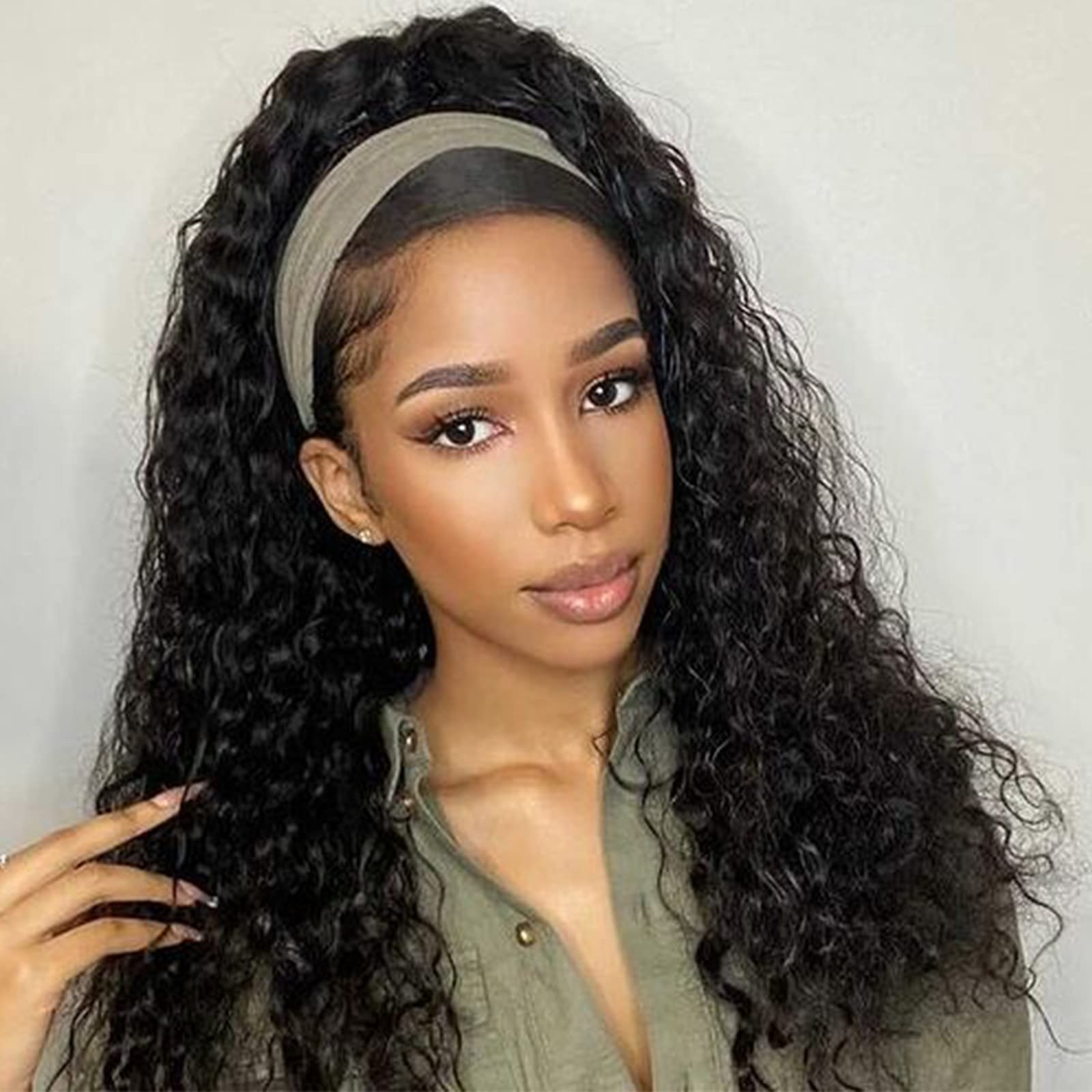 Alicoco 180% Density Water Wave Glueless Synthetic Half Wig with Headband for Women - 22 Inch 1B Color | Perfect for Daily Wear, Cosplay & Special Occasions