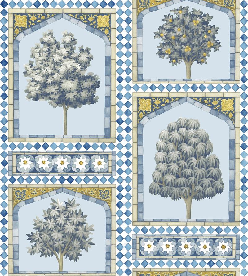 Cole & Son Sultan's Palace Wallpaper - China Blue & Ochre Pattern - Perfect for Living Room, Bedroom, or Dining Room Decor