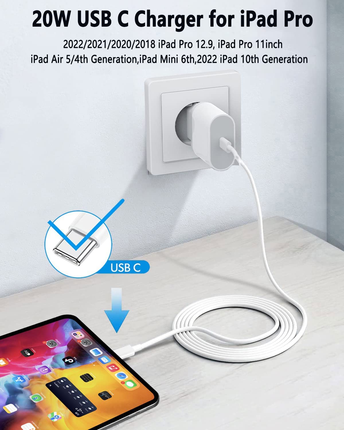 20W USB C Fast Charger for iPad Pro/Air/Mini - 2M Cable Included - Compatible with iPad Pro 12.9 (2021/2020/2018), iPad Air 5, iPad Mini 6, Pixel 6/5/4/XL/3, Galaxy S22 - Perfect for Home, Office & Travel Charging