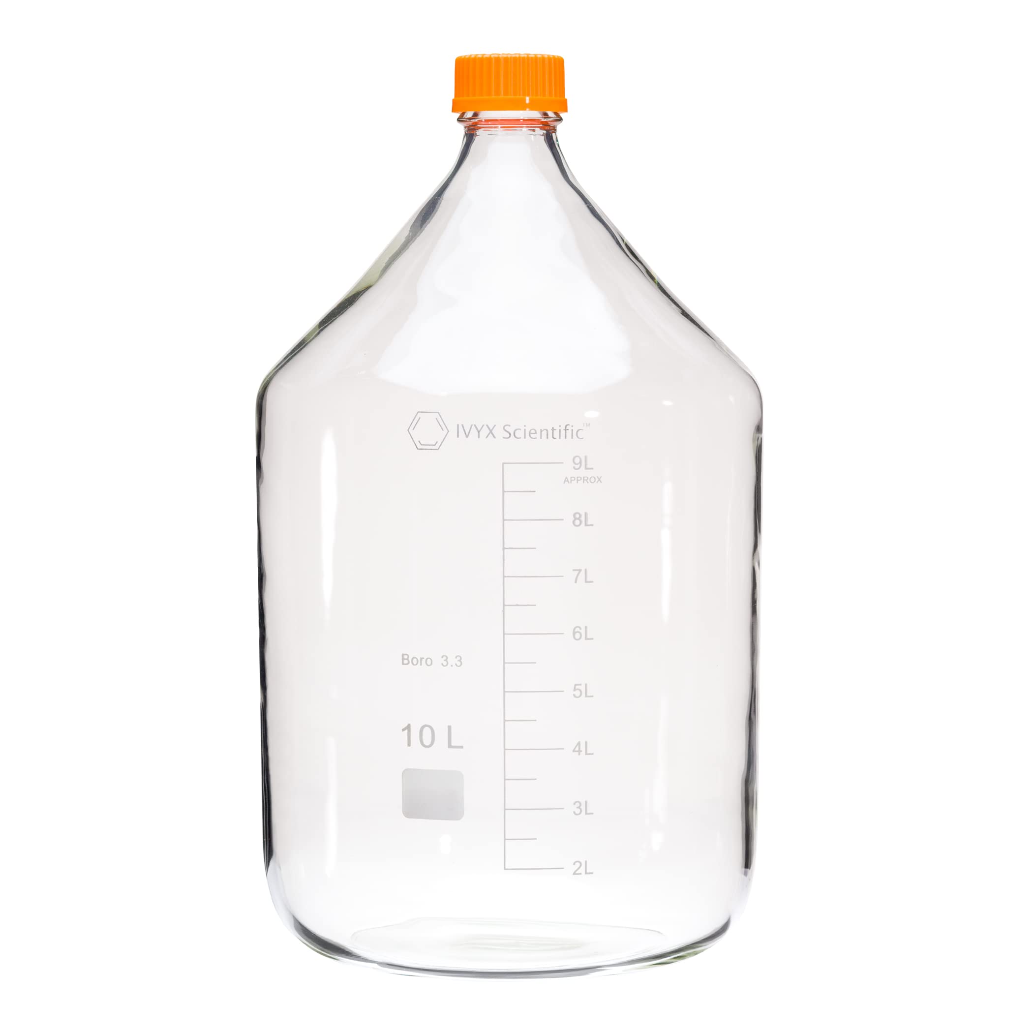 IVYX Scientific 10L Round Media Storage Bottle - Borosilicate Glass with GL45 Screw Cap - Lab-Grade Chemical & Liquid Container for Laboratory, Pharmacy & Industrial Use