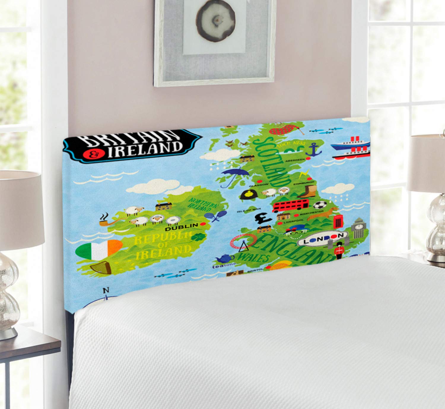 Ambesonne Wanderlust Headboard - Cartoon Maps of Britain & Ireland Landmarks Illustration - Upholstered Decorative Metal Bed Frame with Memory Foam - Twin Size in Pale Blue & Apple Green - Perfect for Kids Rooms, Dorm Decor & Travel-Themed Bedrooms