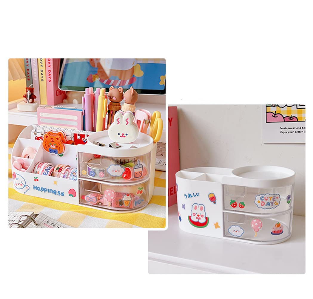 Cute Pink Kawaii Desk Organizer with Drawers & Stickers - 7.1x3.6x3.6 Inches School Stationery Storage for Teen Girls - Perfect for Dorm Room, Bedroom & Makeup Organization | DIY Fun Accessories for Home & Office