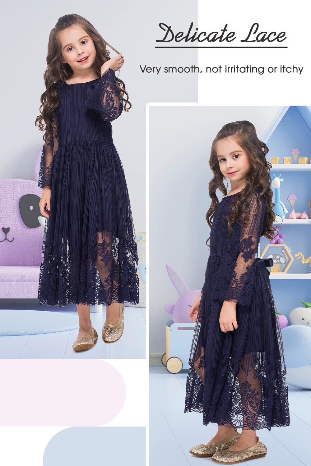 Girls Lace Floral Dress - Long Sleeve Midi First Communion Dress for Weddings, Parties & Special Occasions | Perfect for Flower Girls, Birthday Celebrations & Casual Events