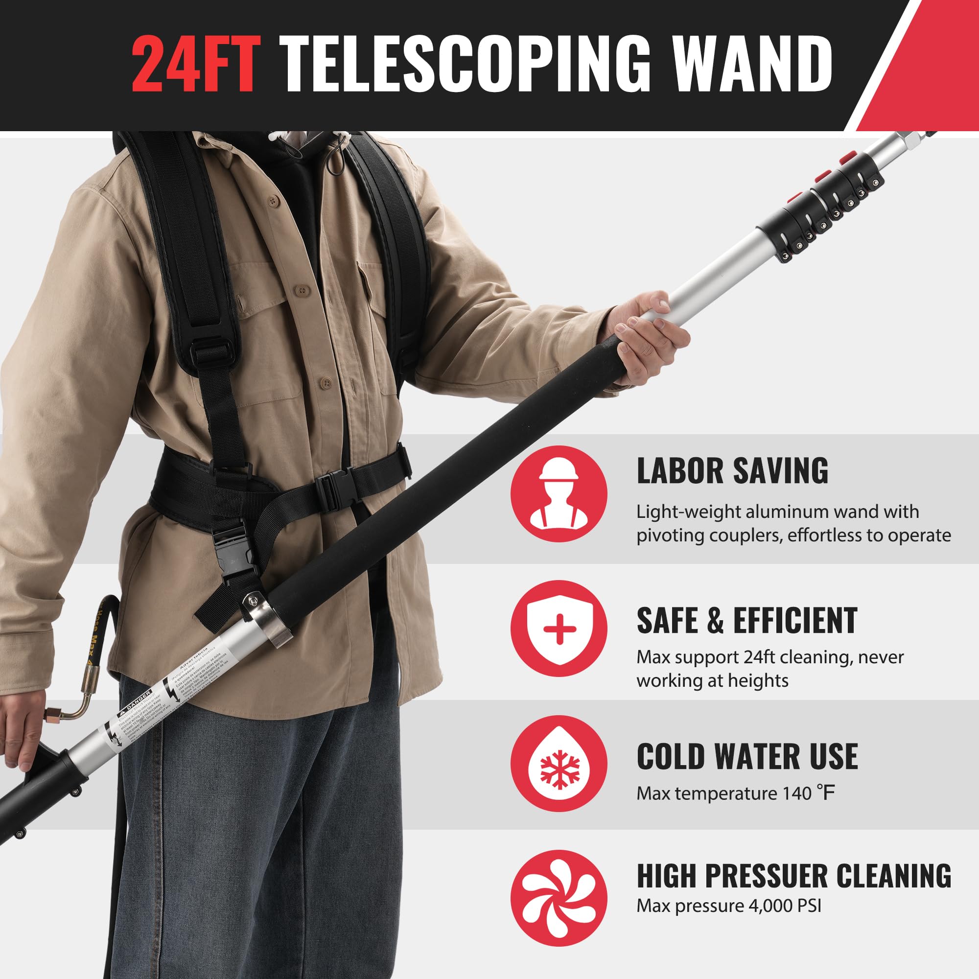 **Rengue 24ft Telescoping Pressure Washer Extension Wand – 5-Stage Power Washer with 4000 PSI, 3 Wands, 7 Nozzles, Pivoting Coupler & Support Belt – Ideal for Roof, Gutters, Siding & Professional Cleaning**