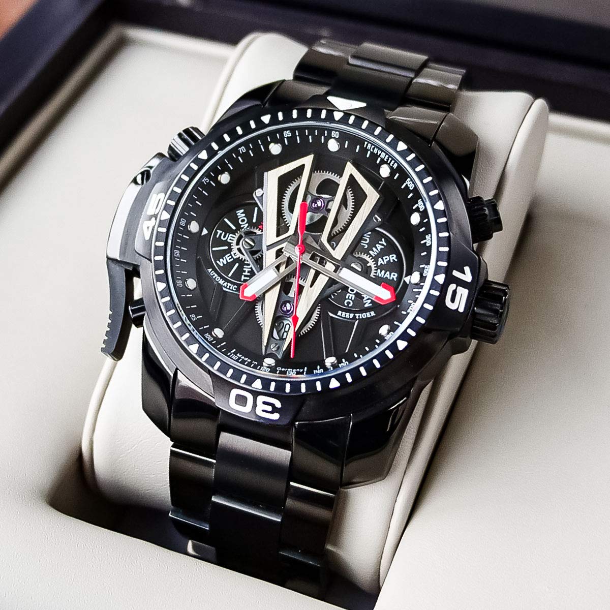 REEF TIGER Men's Automatic Mechanical Watch - Stainless Steel Sports Chronograph with Date Window, Water Resistant, Multi-Functional RGA3591 - Perfect for Outdoor Adventures, Business Meetings & Casual Wear