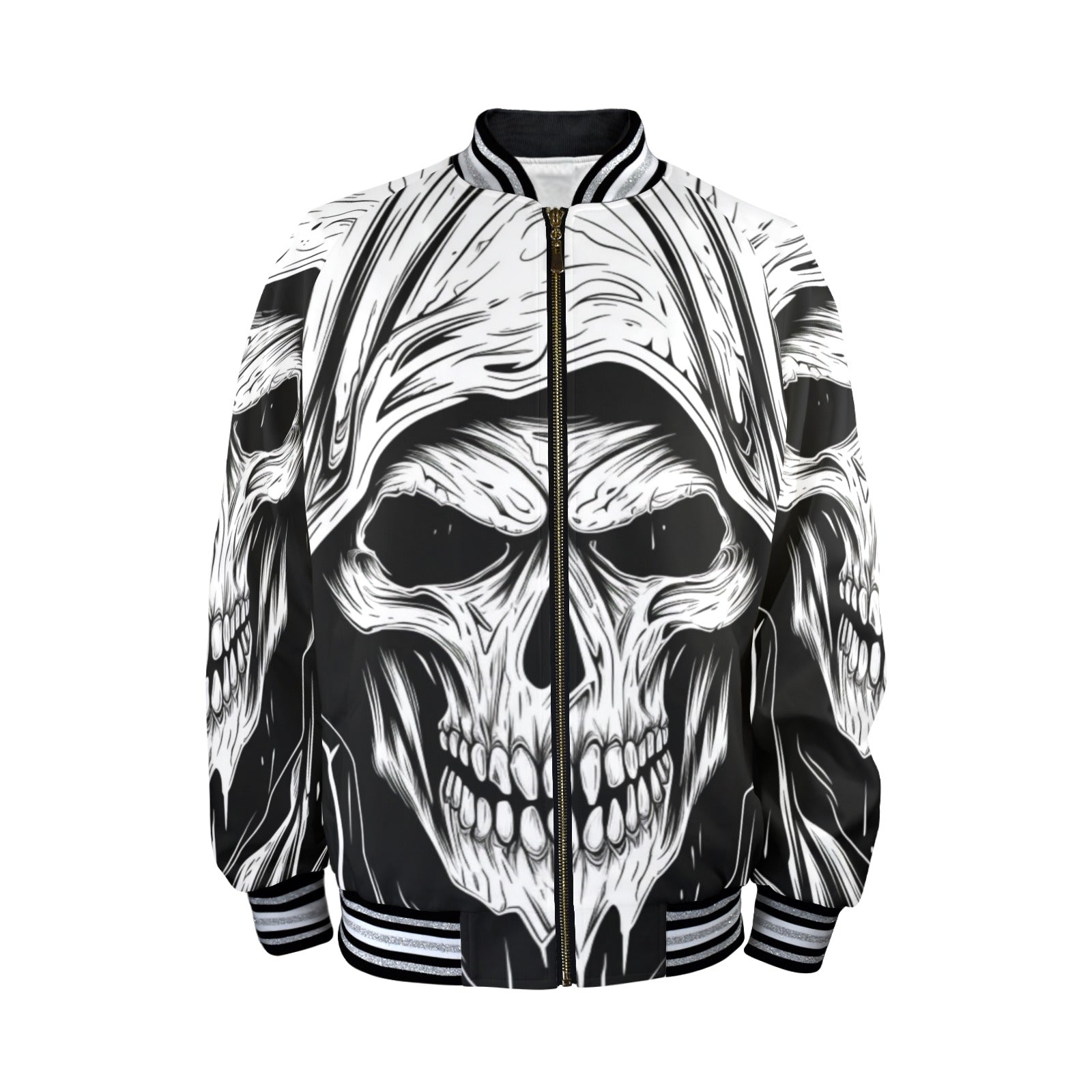 Grim Reaper Striped Trim Bomber Jacket - Gothic Streetwear for Men & Women | Perfect for Halloween, Cosplay, and Alternative Fashion