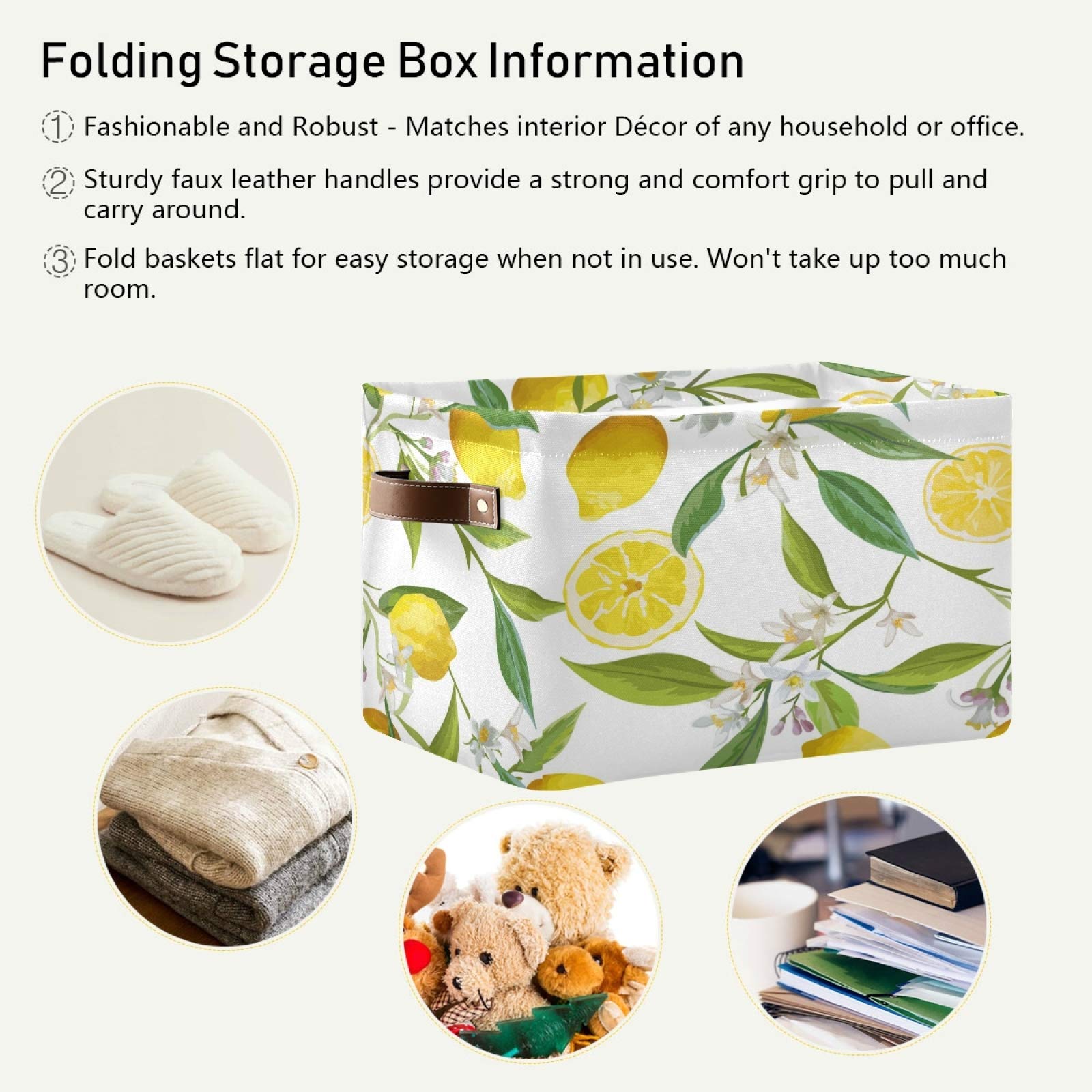 ALAZA Decorative Storage Basket - Rectangular Woven Bin with Leather Handles, Lemon Floral Pattern Organizer for Home Office - Perfect for Blanket Storage, Magazine Holder & Bathroom Organization