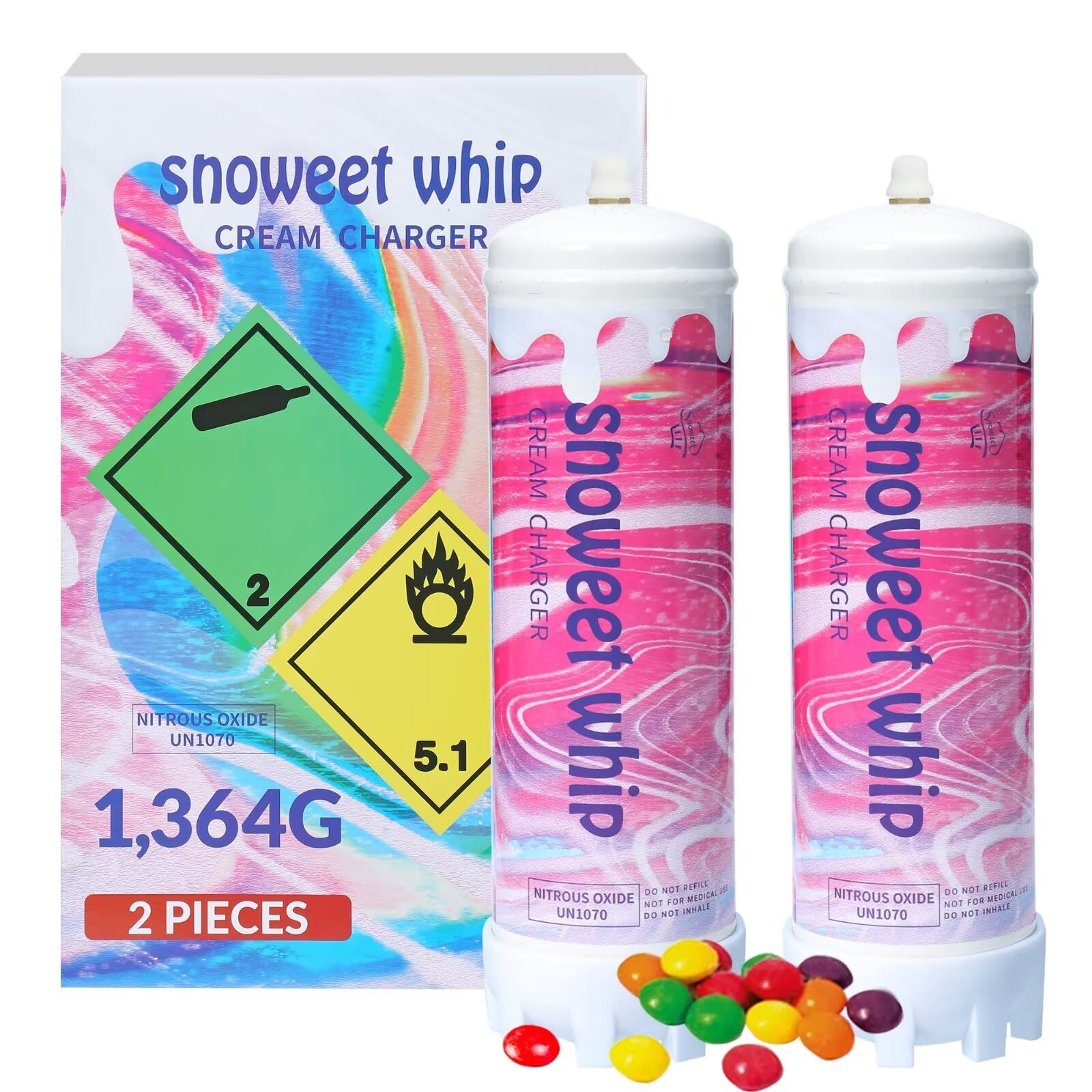 Premium Whipped Cream Charger 1364g - Food Grade N2O Cartridges with Rainbow Candy Flavor (2-Pack) - Perfect for Dessert Toppings, Coffee Garnish & Party Cocktails