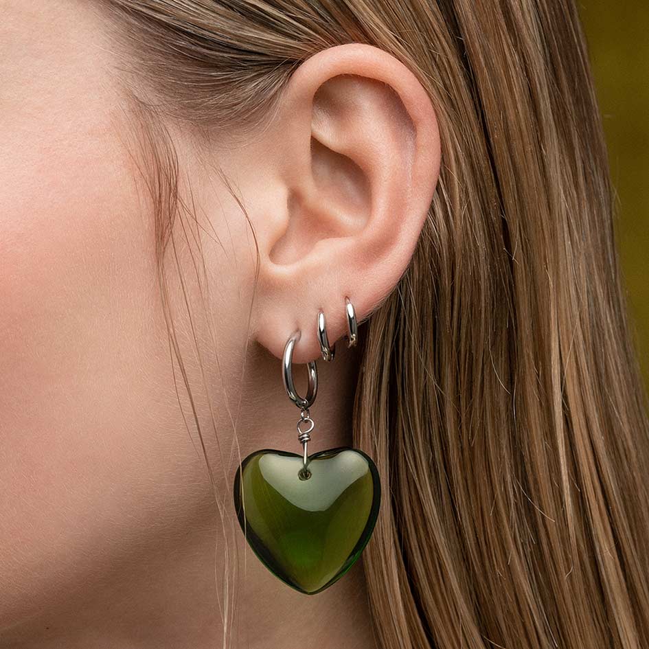 MINNA. Large Green Glass Heart Hoop Earrings in Silver - Elegant Dangle Earrings for Women, Perfect for Valentine's Day, Date Night & Special Occasions