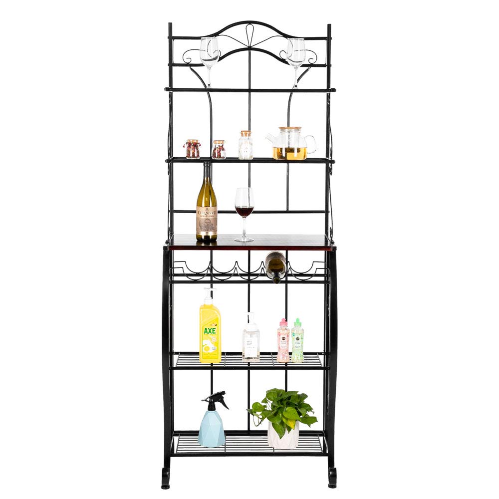 JYOSTORE 5-Tier Metal Kitchen Storage Rack - Heavy Duty Microwave Stand, Oven Organizer with Wine Storage, Black - Perfect for Small Kitchens, Baker's Workstation & Home Decor