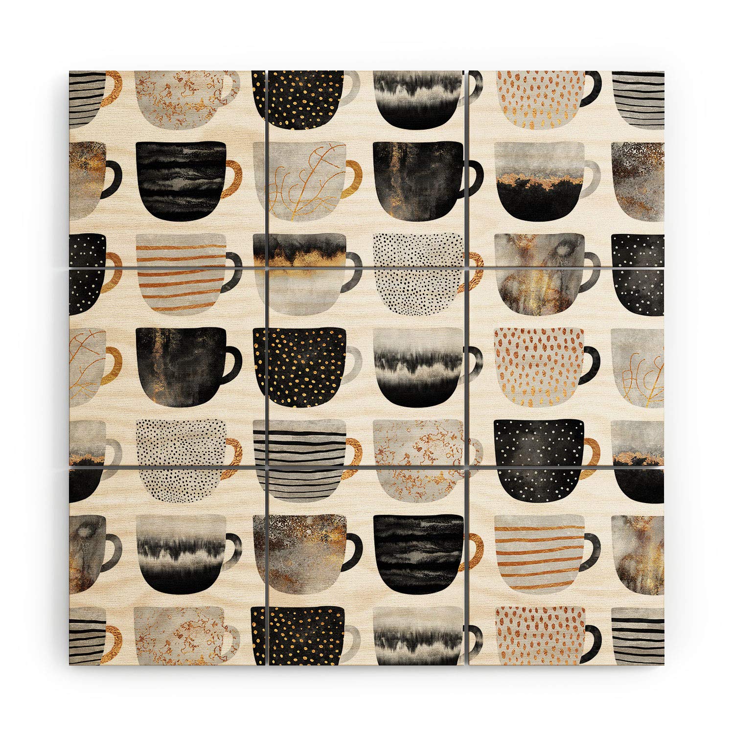 Elisabeth Fredriksson Pretty Coffee Cups 3 Wood Wall Mural - 4' x 4' Black - Modern Home Decor for Living Room, Bedroom & Office