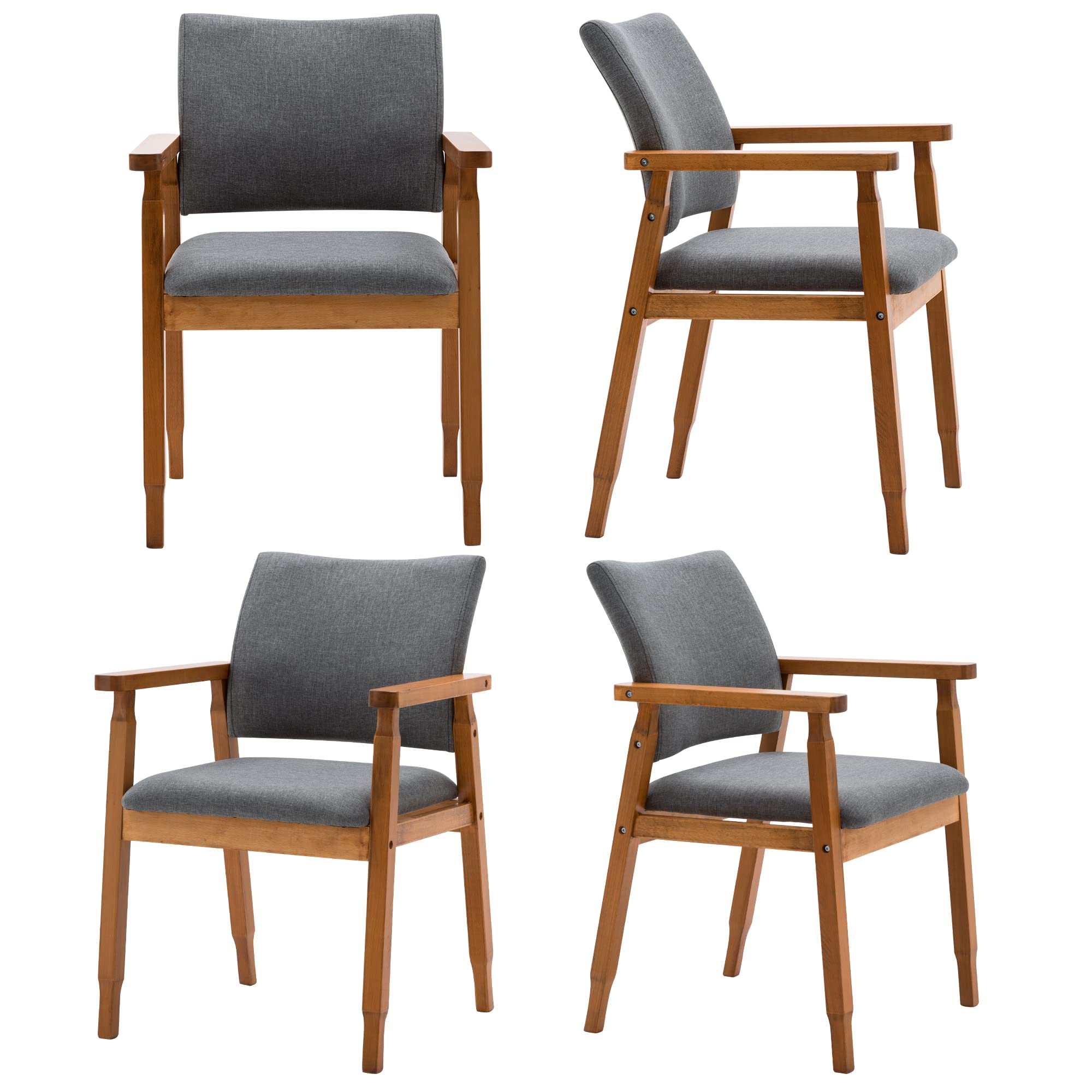 Set of 4 Mid Century Modern Walnut Dining Chairs with Grey Fabric Upholstery - Solid Wood Arm Chairs for Kitchen, Dining Room, Cafe & Living Room Decor - Perfect for Home, Office and Restaurant Seating