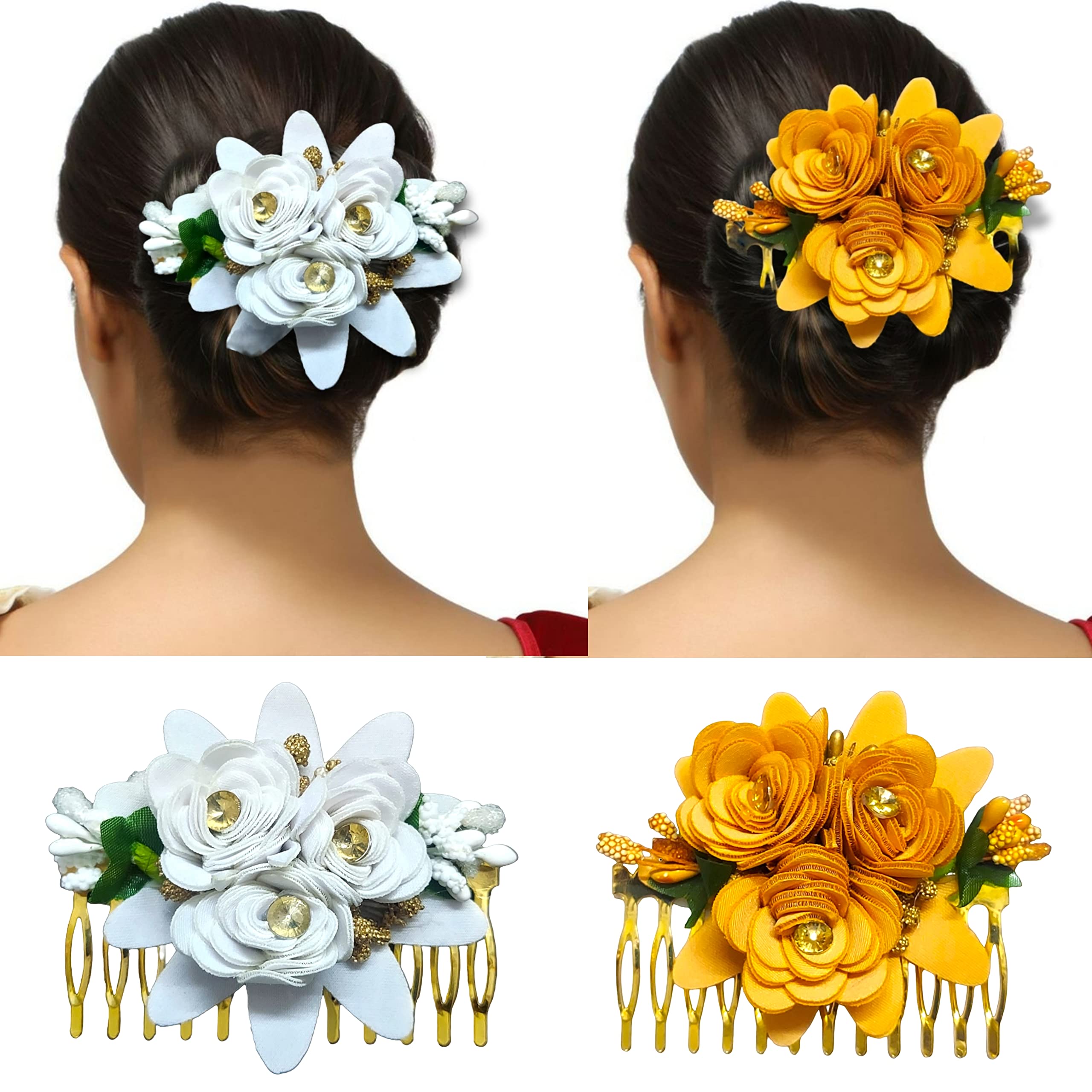 Elegant Artificial Flower Hair Clip with Metal Comb for Women & Girls - Yellow & White Hair Accessories for Weddings, Parties & Special Occasions