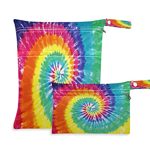 **AUUXVA 2-Pack Waterproof Wet Dry Bags - Reusable Tie Dye Swirl Rainbow Design with Dual Zippered Pockets for Diapers, Swimsuits & Wet Clothes - Perfect for Travel, Beach, Pool, Daycare, Yoga & Gym**