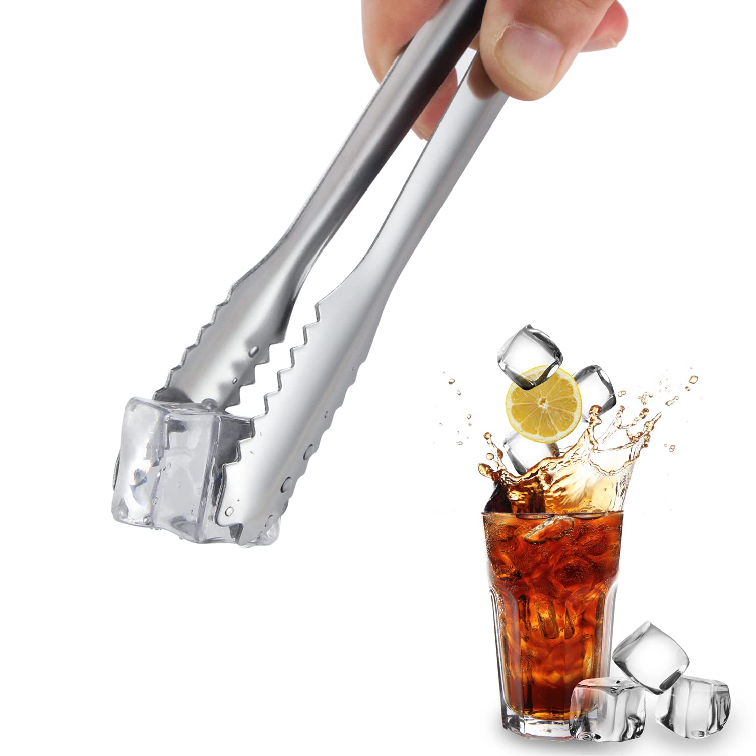 MSY BIGSUNNY 7-Inch Stainless Steel Ice Tongs with Teeth - Silver Small Serving Tongs for Ice Bucket, Cocktails, and Party Drinks