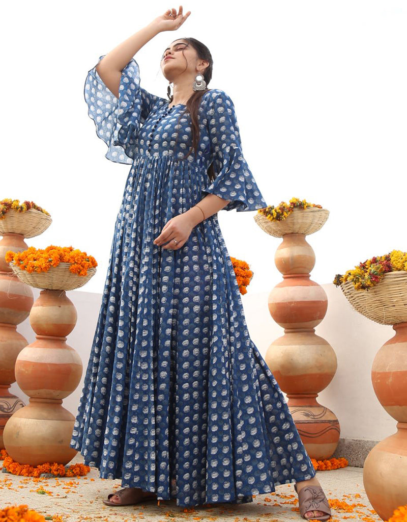Blue Bayoux Pure Ab Cotton All-Season Designer Gown with Heavy Digital Print - Elegant & Comfortable for Parties, Weddings & Special Occasions