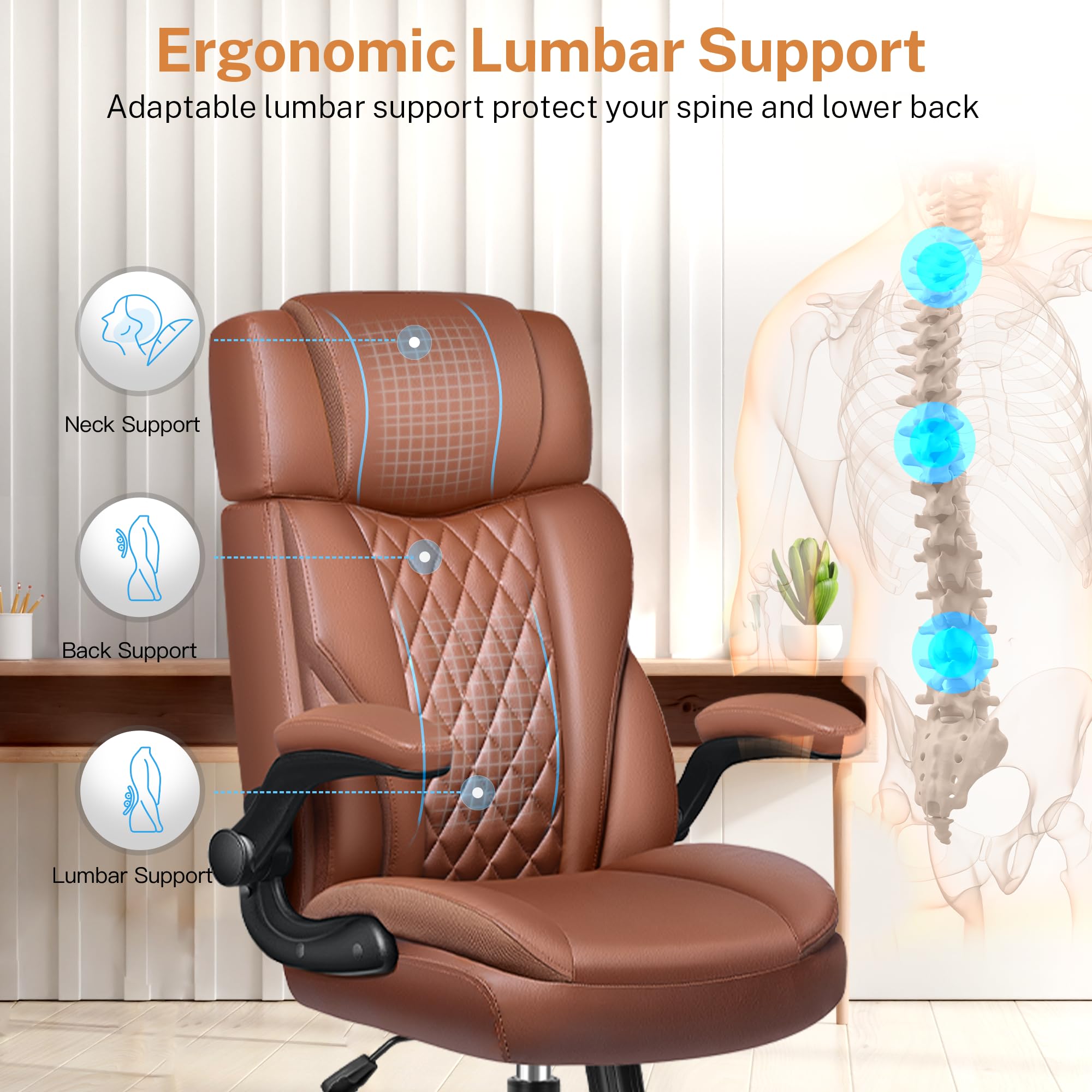Ergonomic Executive Office Chair with Flip-Up Arms, Adjustable Headrest & Lumbar Support - Leather Desk Chair for Home Office, Computer Work & Gaming - Comfortable Rocking Function for All-Day Sitting