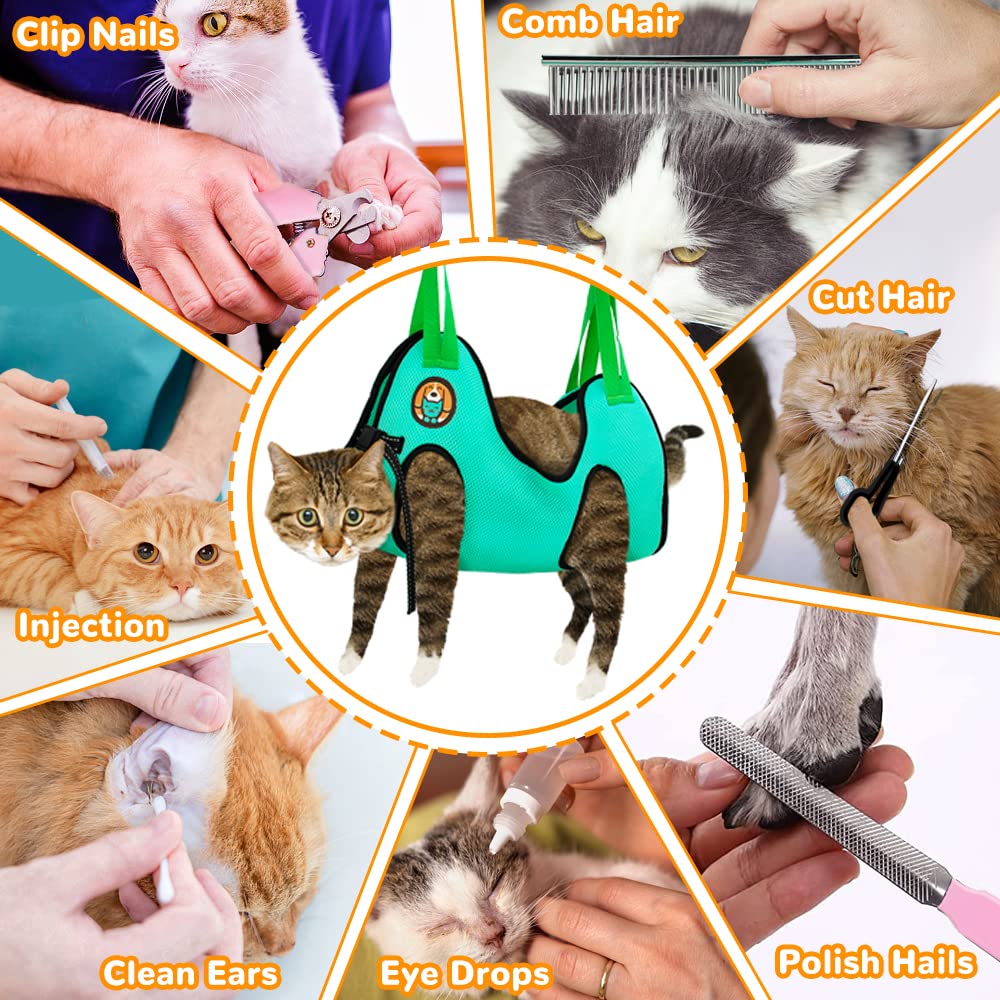 Cat & Dog Grooming Hammock Harness - Pet Restraint System with Nail Clippers, Trimmer, File, Comb & Scissors for Nail Trimming, Ear Cleaning & Medicine Giving - Perfect for Home Grooming & Vet Visits