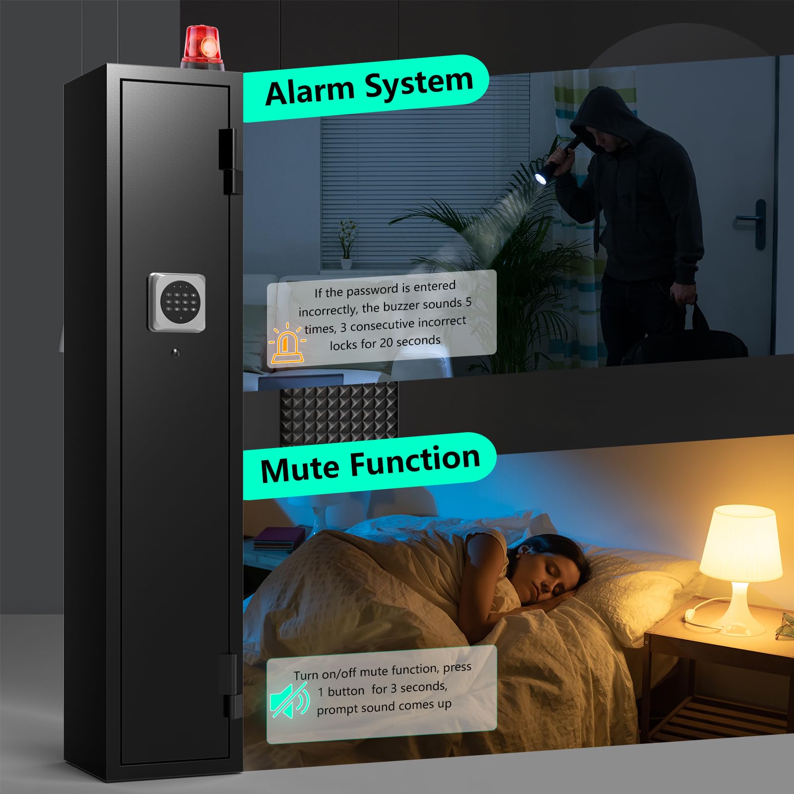 2 Gun Safe with Alarm System - Quick Access Electronic Rifle & Pistol Cabinet for Home & Office Security - Includes Removable Shelf, Pistol Bags & Ammo Rack - Ideal for Bedroom, Closet & Vehicle Storage